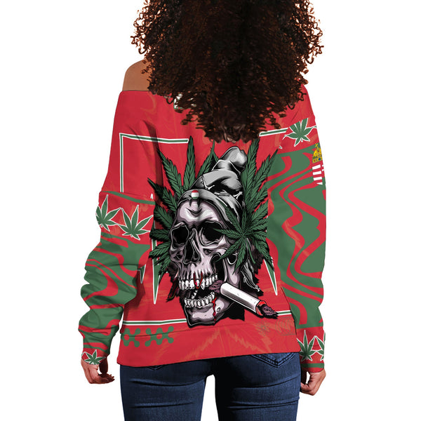 Hungary Women Off Shoulder Sweatshirt Flag & Coat Of Arms Marijuanas Style