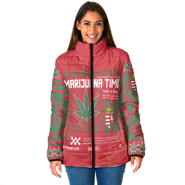 Hungary Women Padded Jacket Flag & Coat Of Arms Marijuanas Style