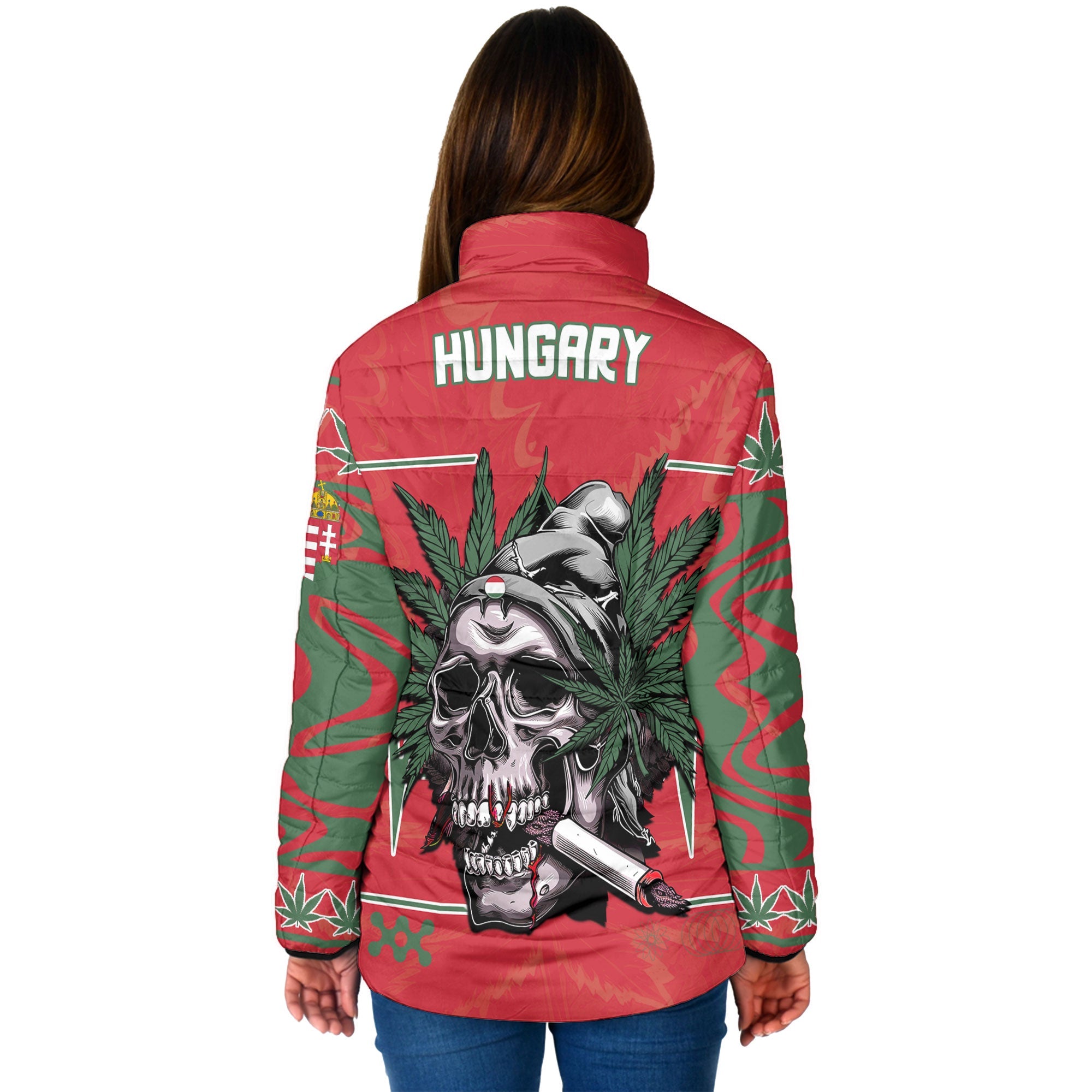 Hungary Women Padded Jacket Flag & Coat Of Arms Marijuanas Style