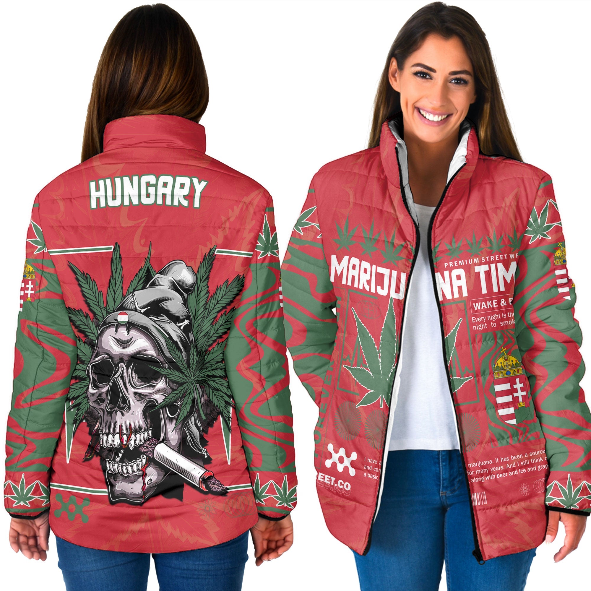 Hungary Women Padded Jacket Flag & Coat Of Arms Marijuanas Style