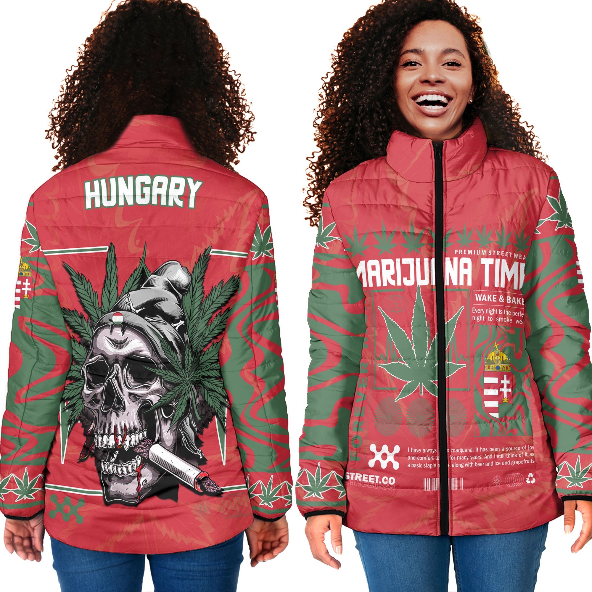 Hungary Women Padded Jacket Flag & Coat Of Arms Marijuanas Style