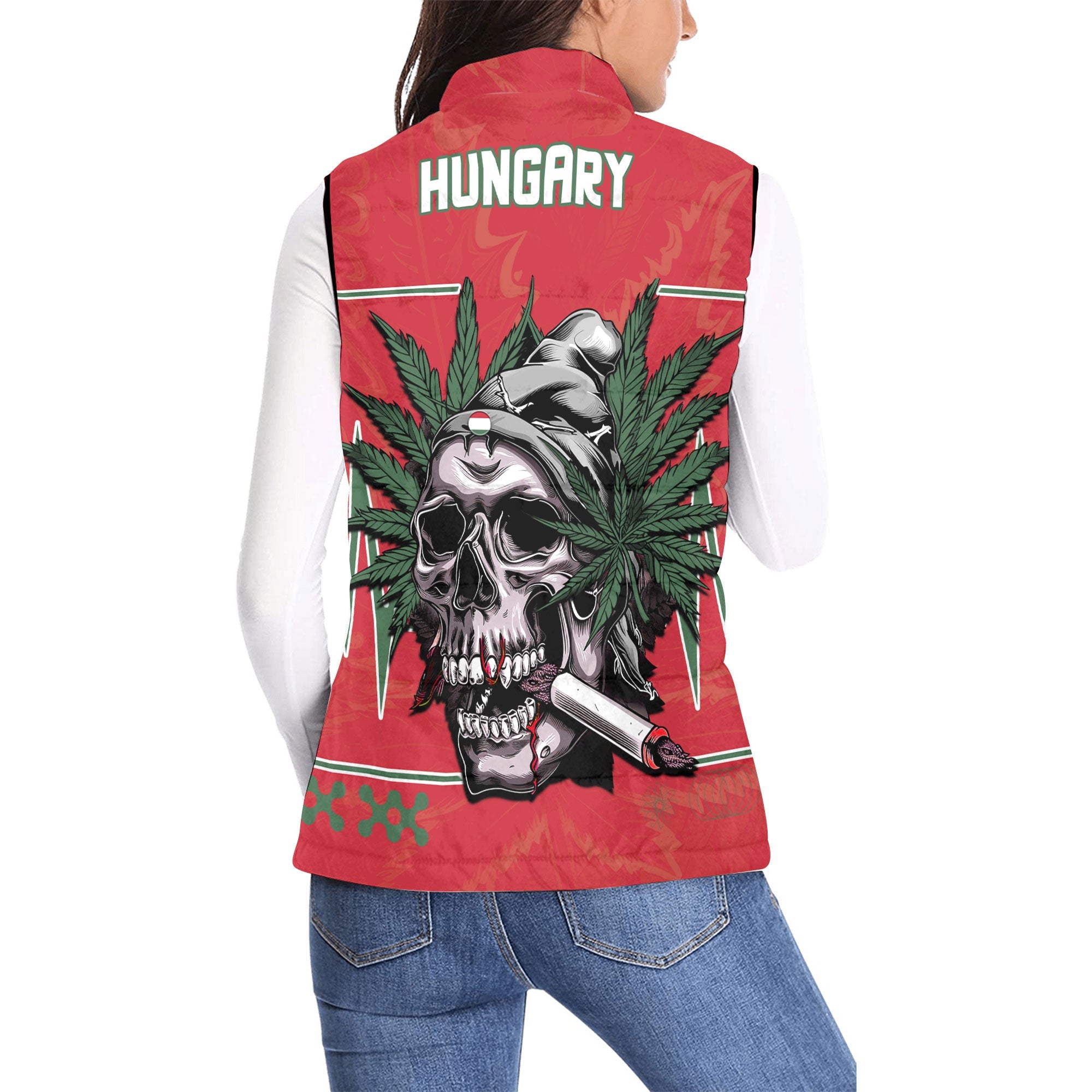 Hungary Women Padded Jacket Vest Flag & Coat Of Arms Marijuanas Style