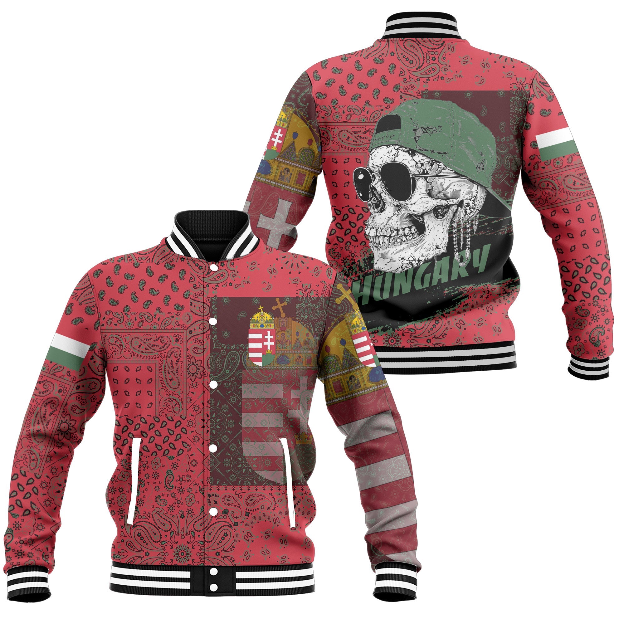 Hungary Baseball Jacket Paisley Flag And Skull Style 1