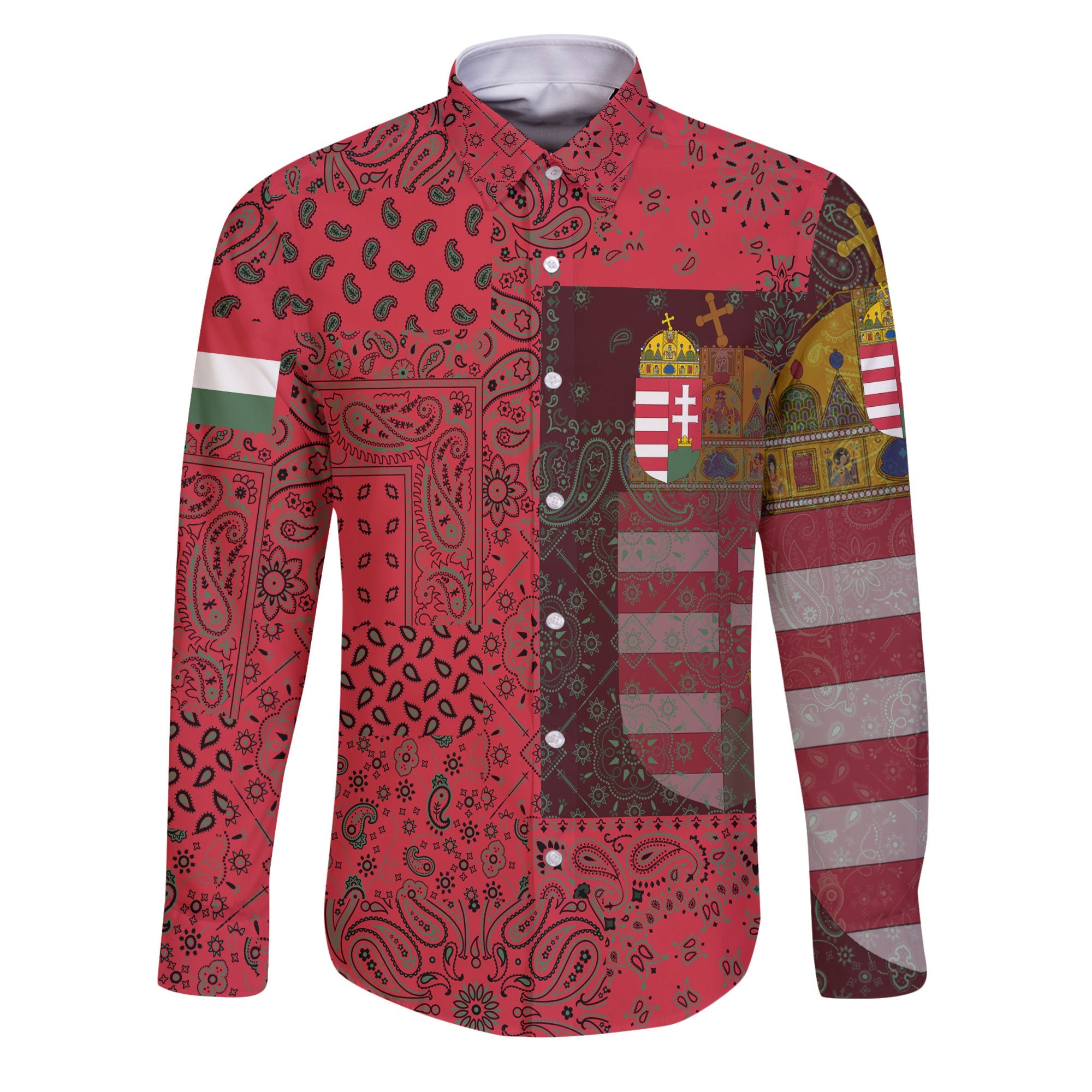 Hungary Long Sleeve Button Shirt Paisley Flag And Skull Style 1