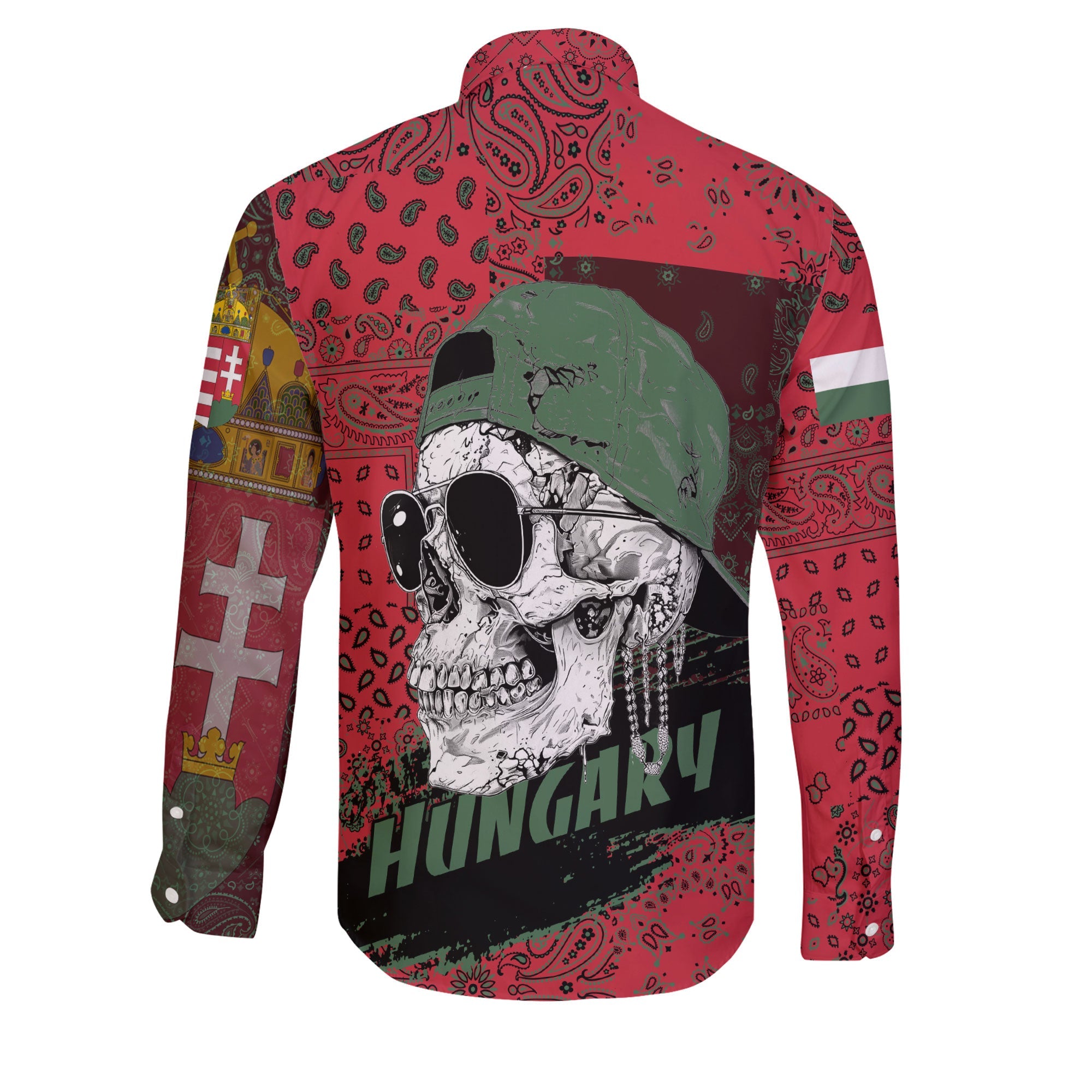 Hungary Long Sleeve Button Shirt Paisley Flag And Skull Style 2