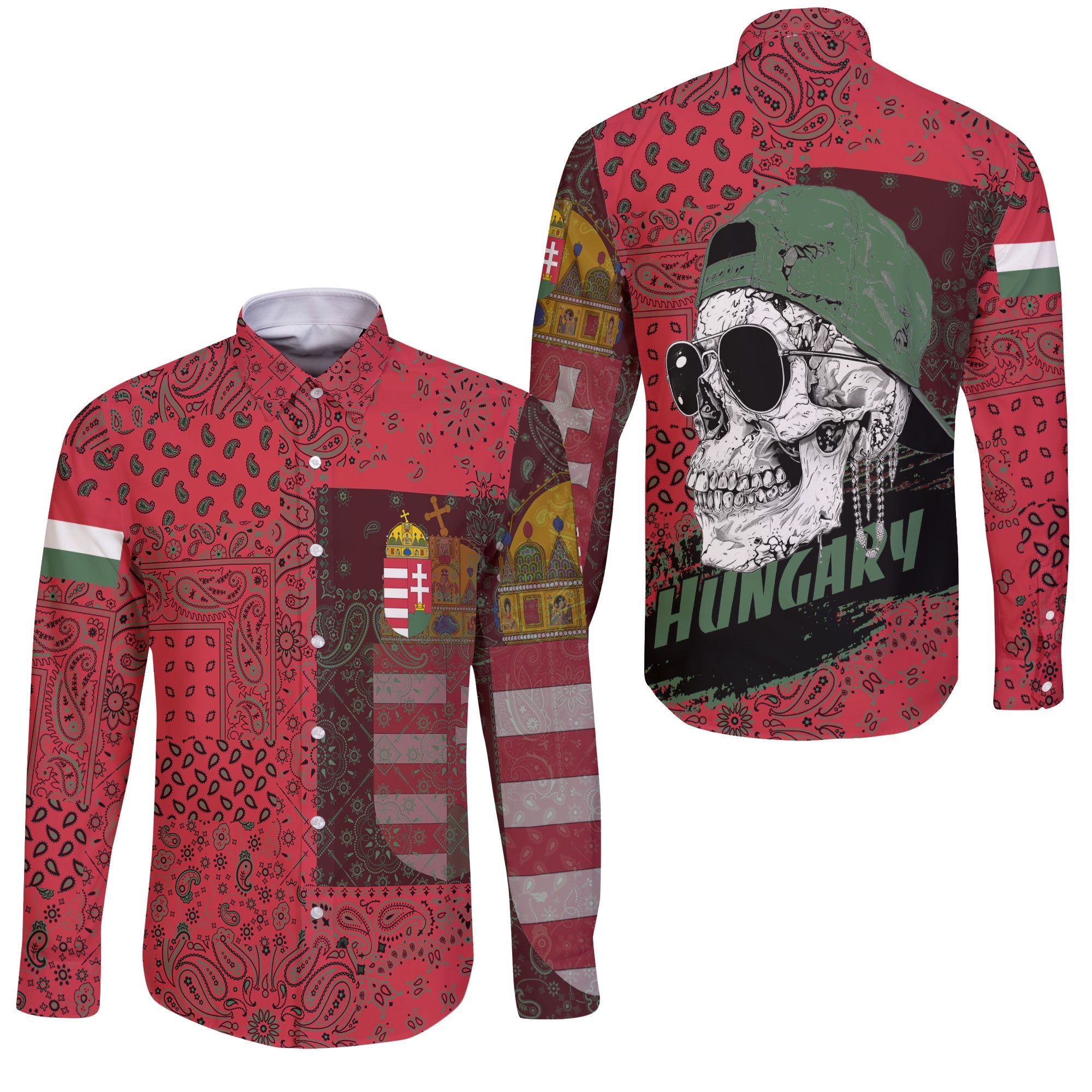 Hungary Long Sleeve Button Shirt Paisley Flag And Skull Style 3