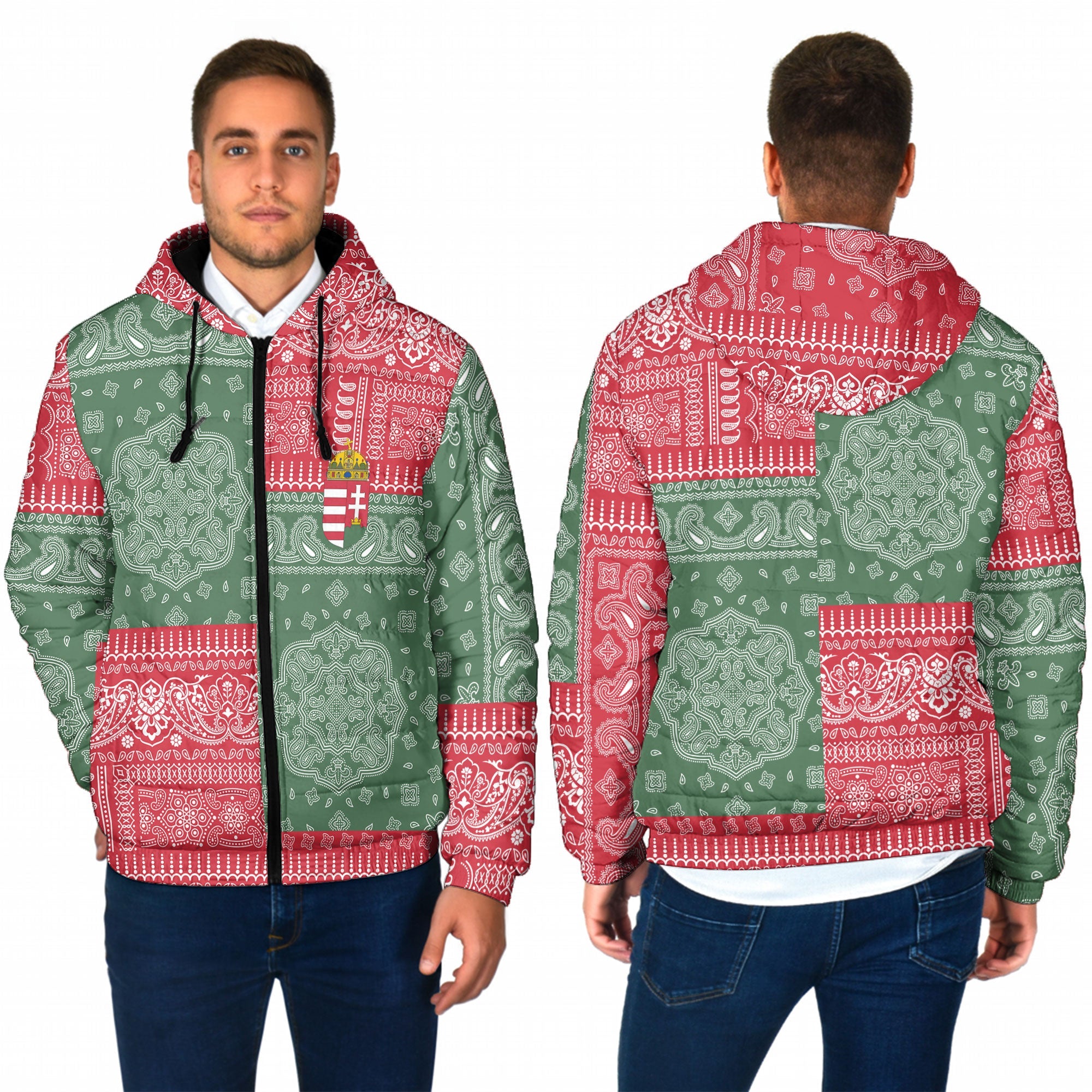 Hungary Men Hooded Padded Jacket Flag And Paisley Basic Style 1