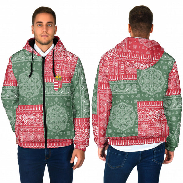 Hungary Men Hooded Padded Jacket Flag And Paisley Basic Style 1