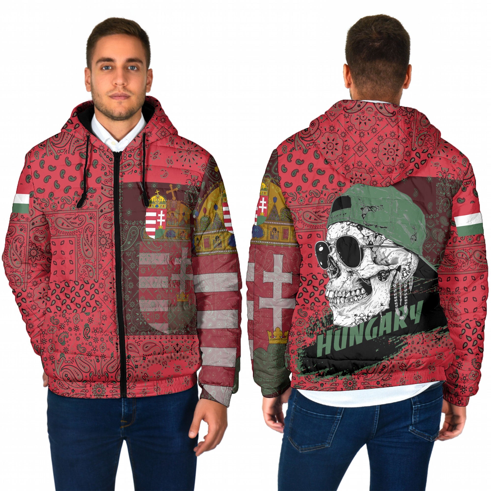 Hungary Men Hooded Padded Jacket Paisley Flag And Skull Style 1