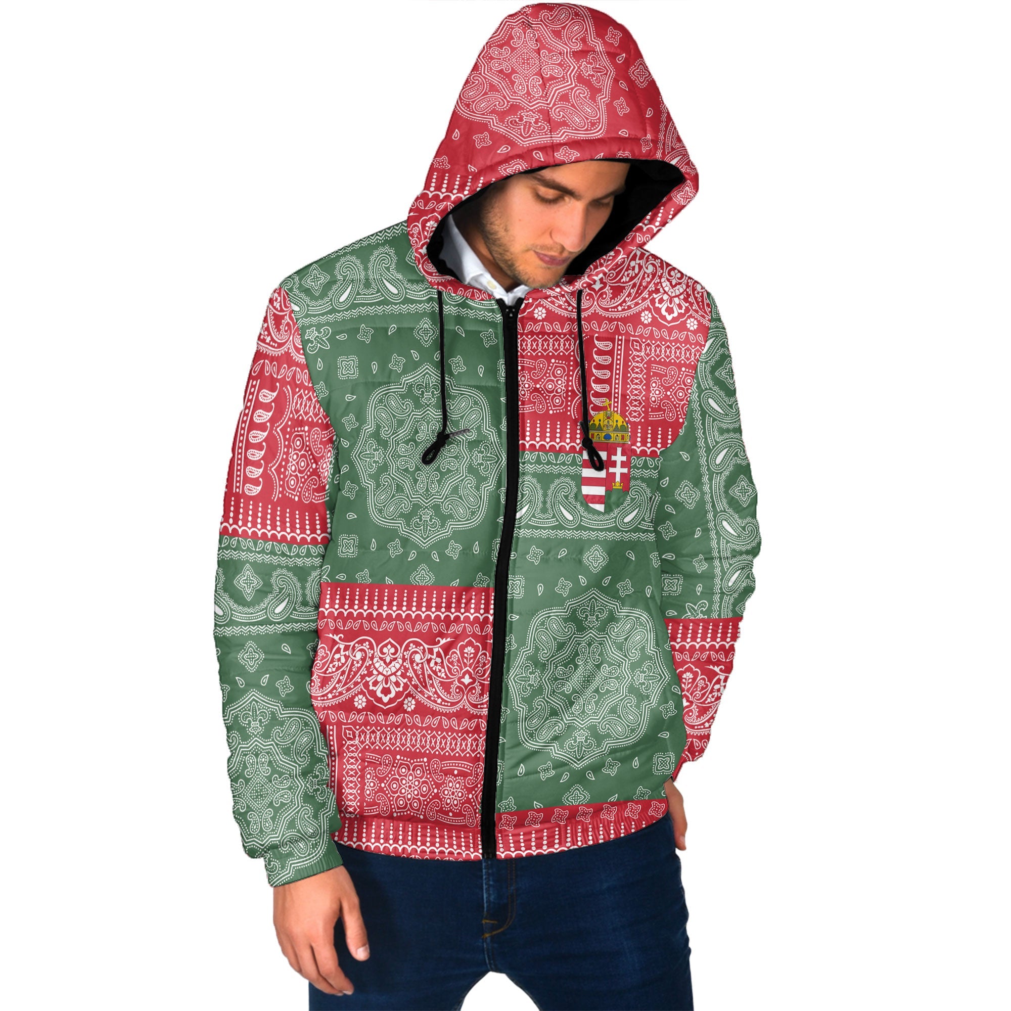 Hungary Men Hooded Padded Jacket Flag And Paisley Basic Style 2