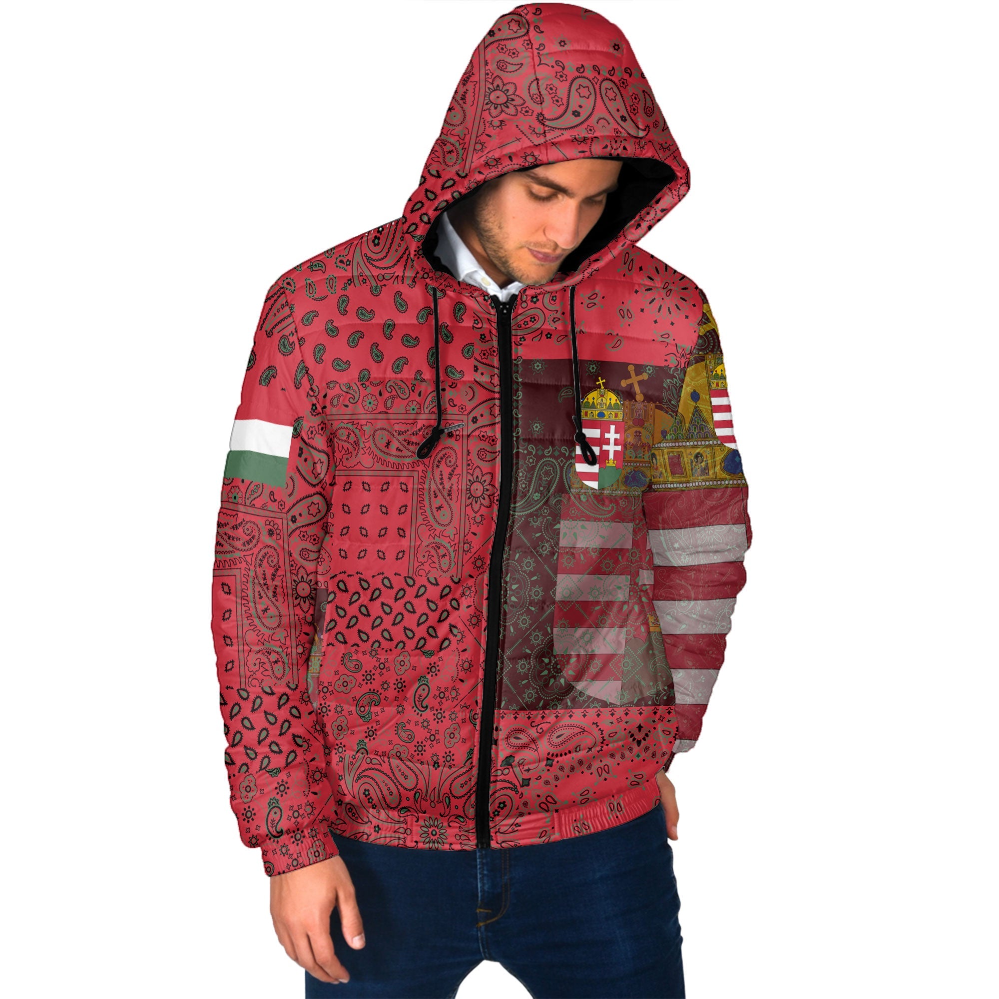 Hungary Men Hooded Padded Jacket Paisley Flag And Skull Style 2