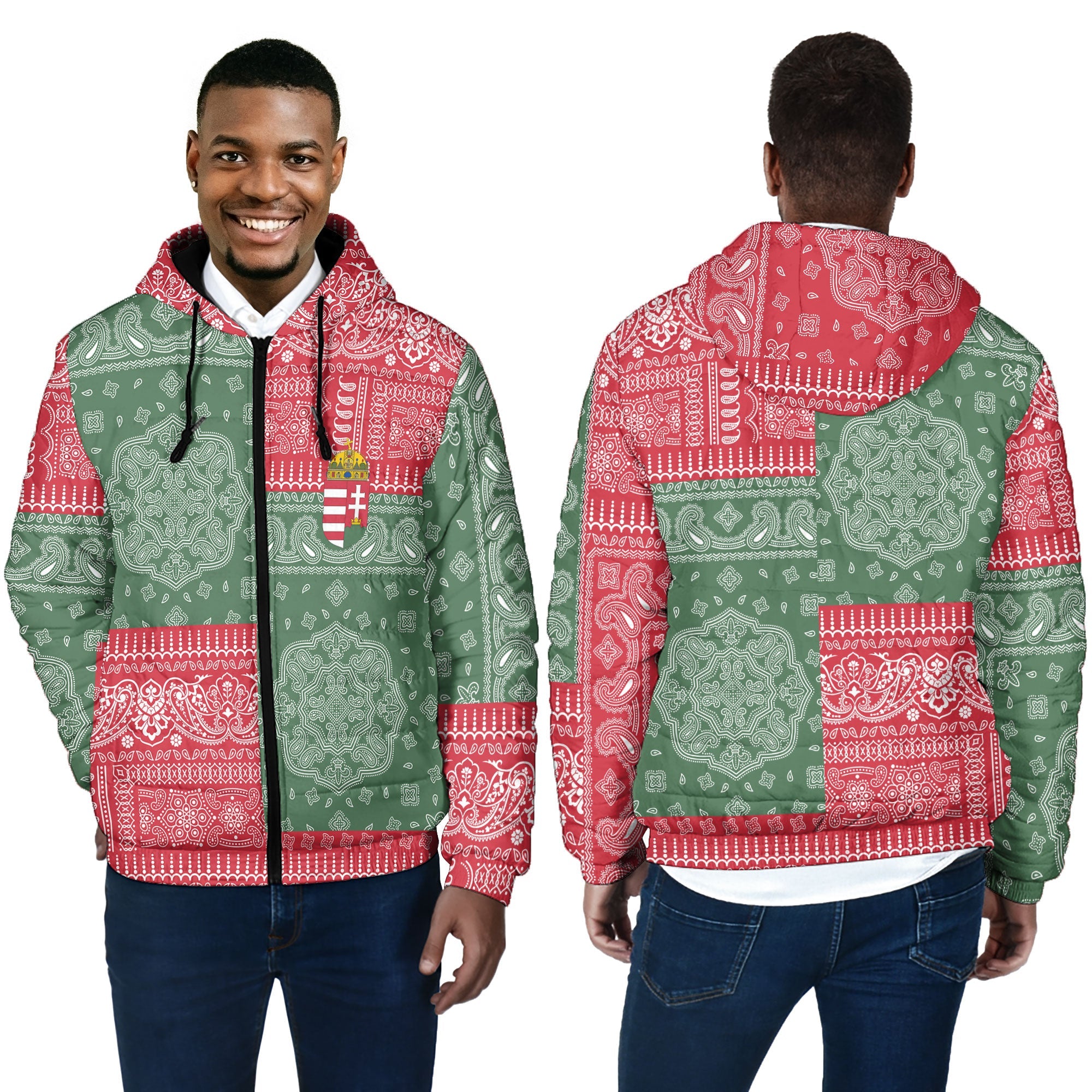 Hungary Men Hooded Padded Jacket Flag And Paisley Basic Style 4