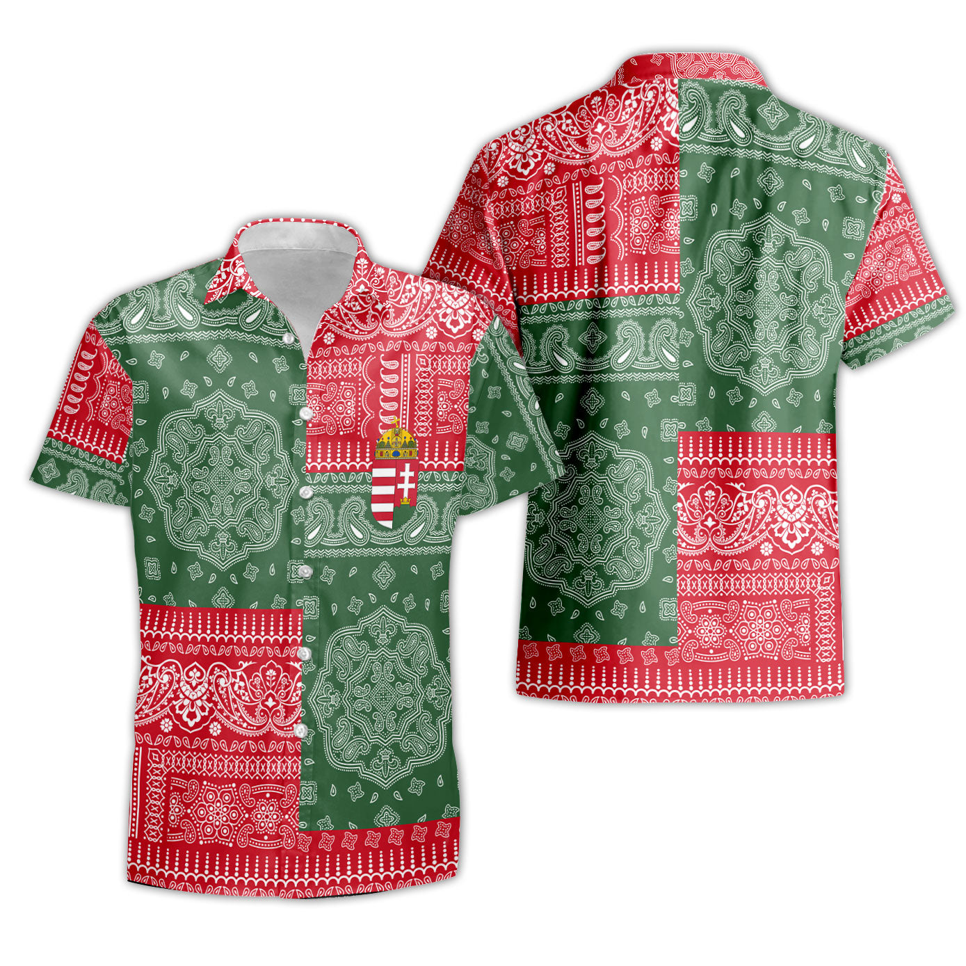 Hungary Short Sleeve Shirt Flag And Paisley Basic Style 1