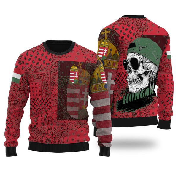 Hungary Ugly Sweater Paisley Flag And Skull Style 1