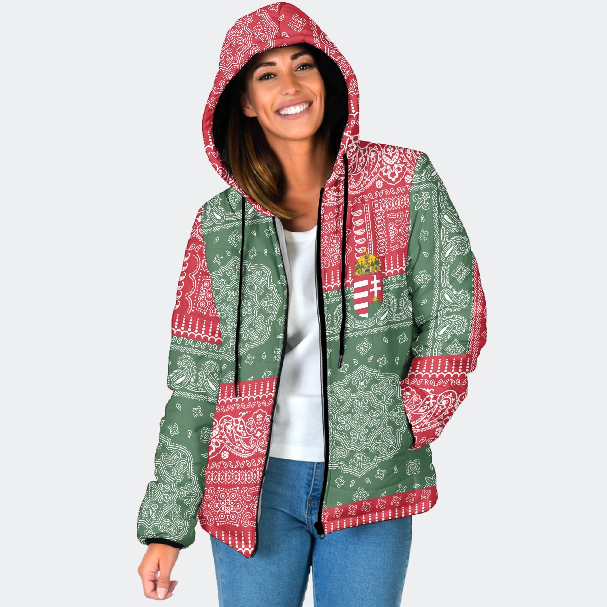 Hungary Women Hooded Padded Jacket Flag And Paisley Basic Style 1