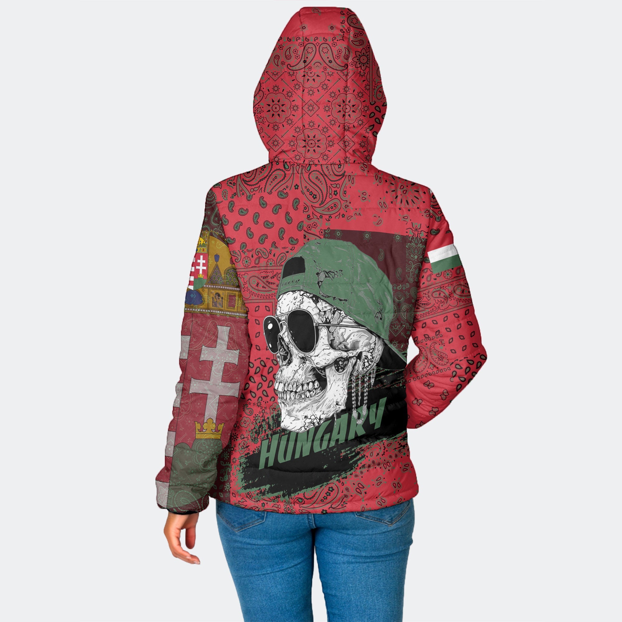 Hungary Women Hooded Padded Jacket Paisley Flag And Skull Style 2