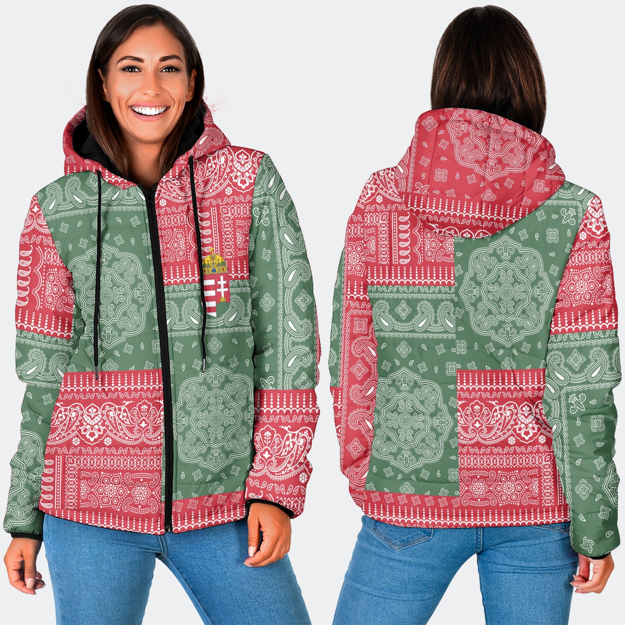 Hungary Women Hooded Padded Jacket Flag And Paisley Basic Style 3