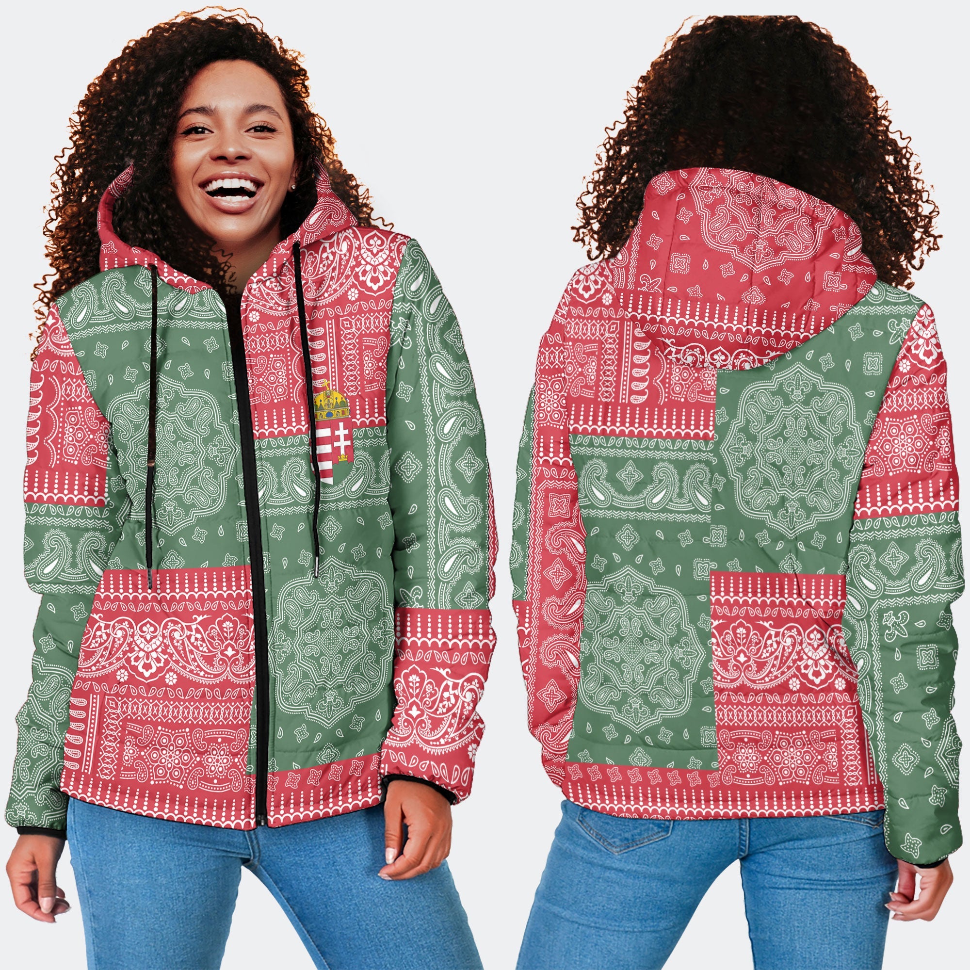 Hungary Women Hooded Padded Jacket Flag And Paisley Basic Style 4