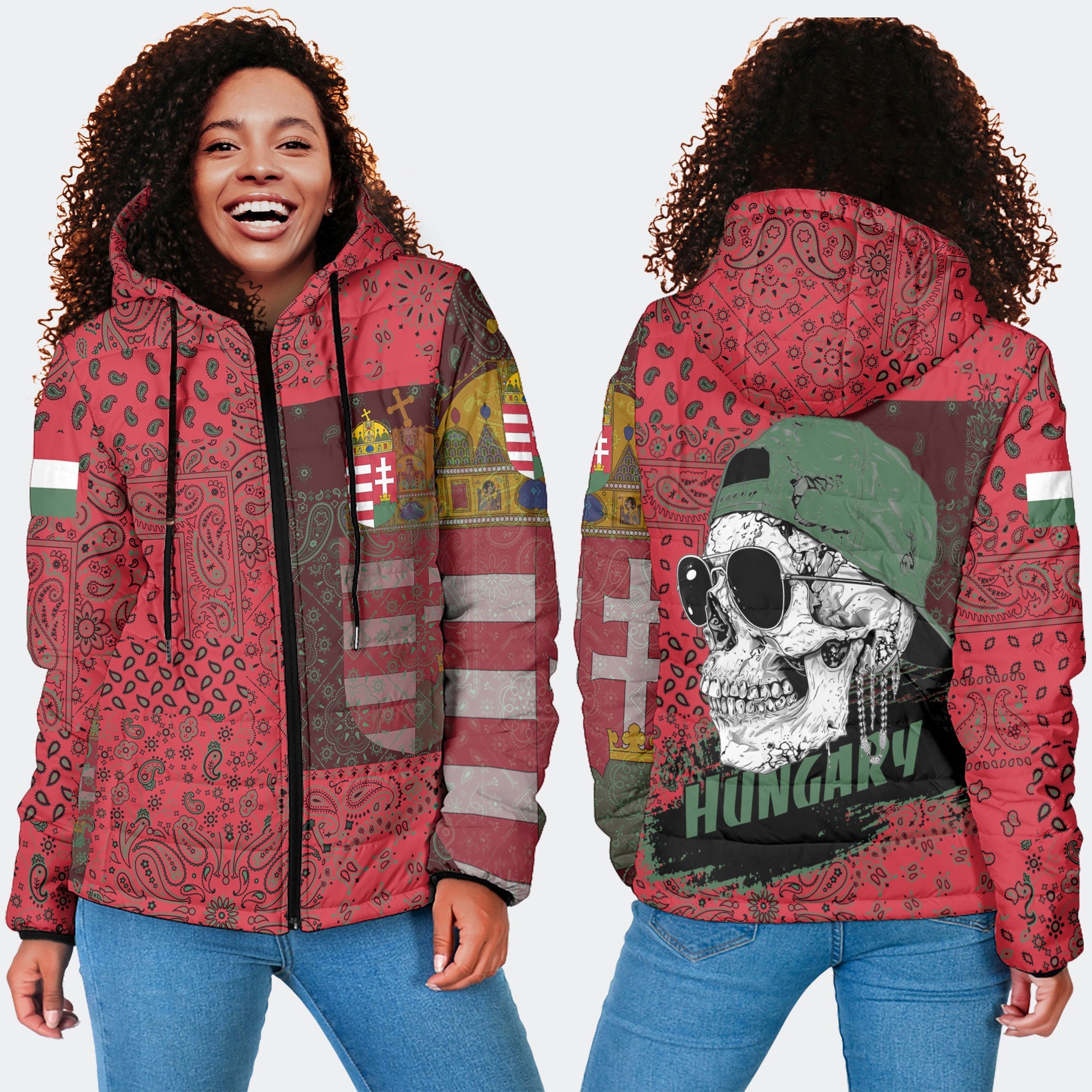 Hungary Women Hooded Padded Jacket Paisley Flag And Skull Style 4