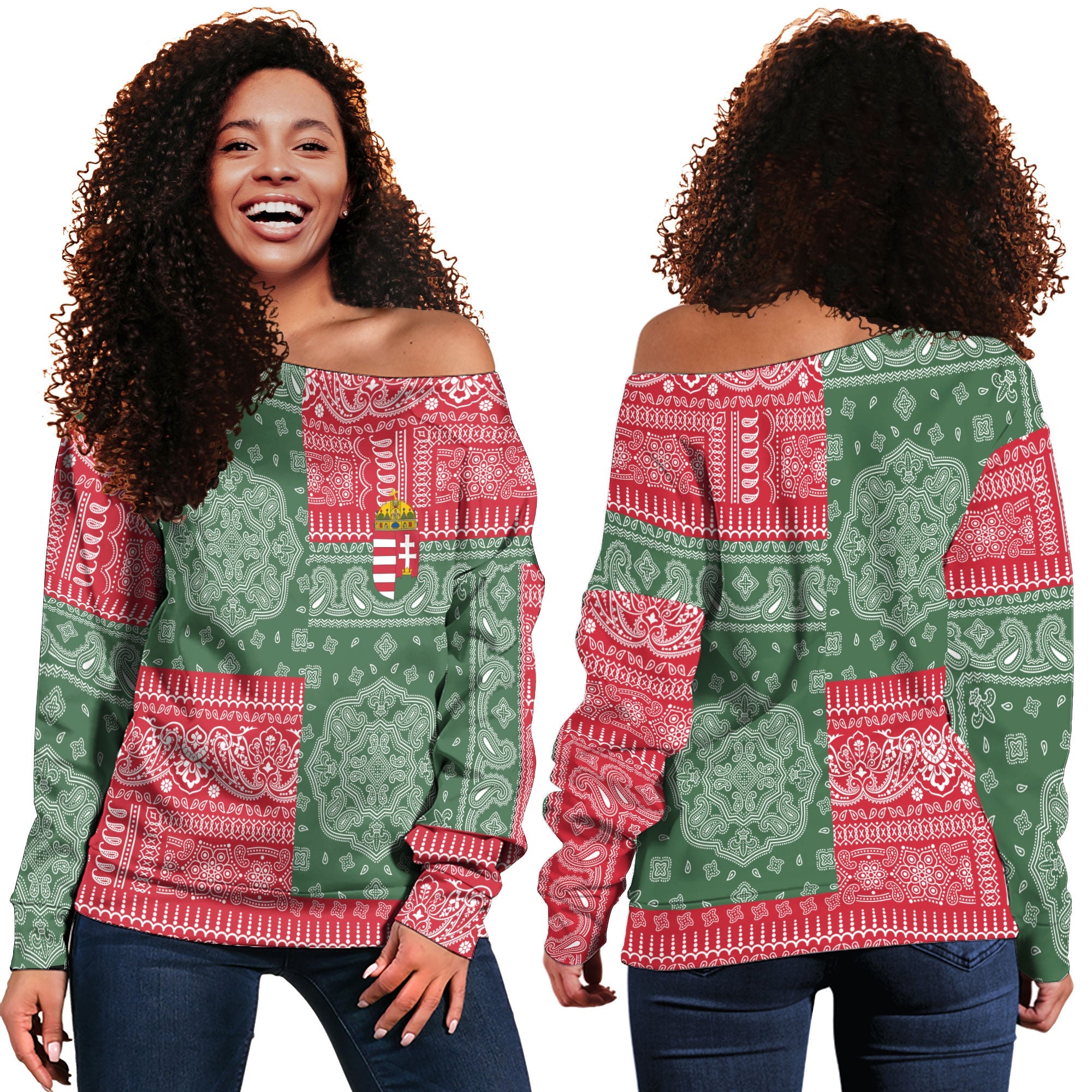 Hungary Women Off Shoulder Sweatshirt Flag And Paisley Basic Style 1