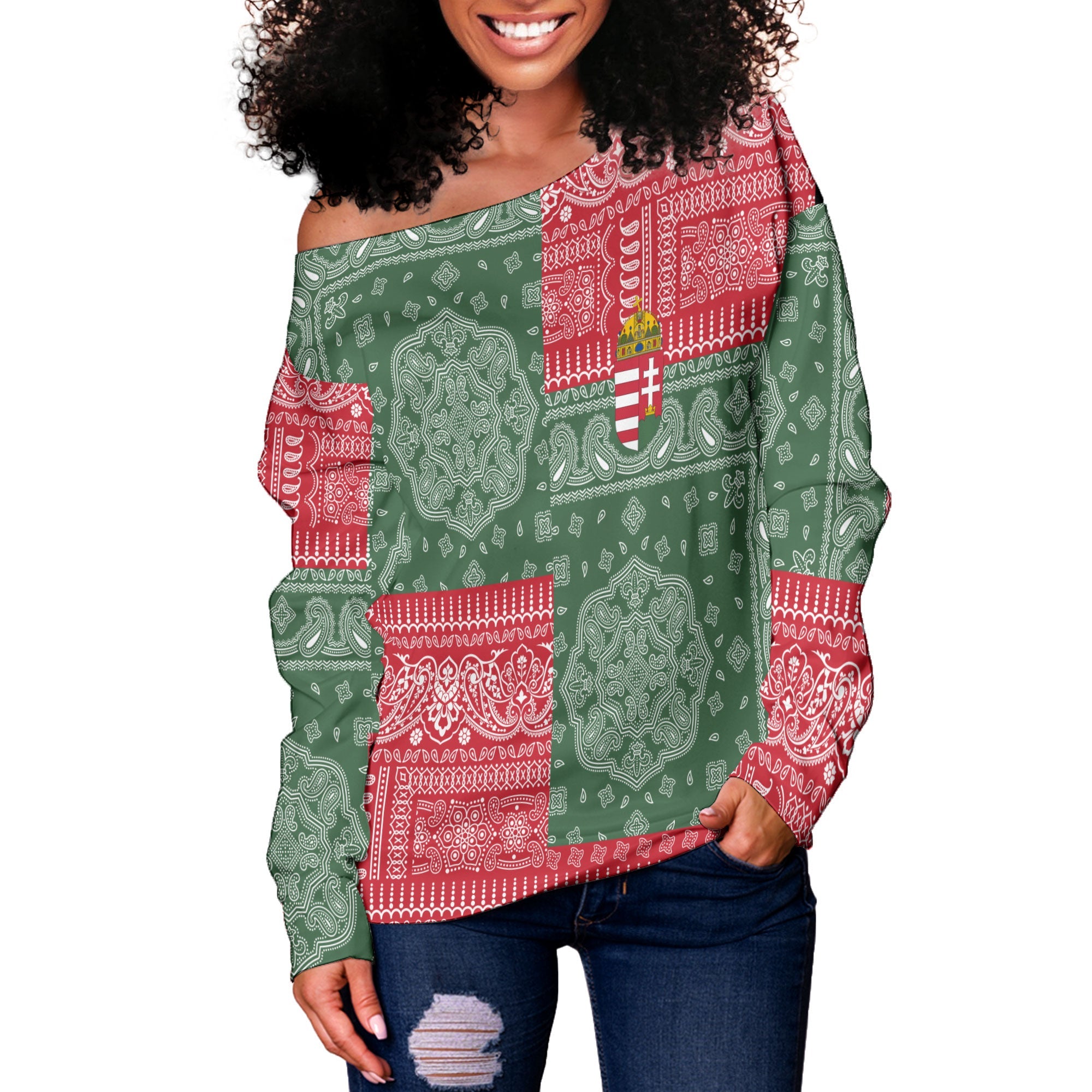 Hungary Women Off Shoulder Sweatshirt Flag And Paisley Basic Style 2