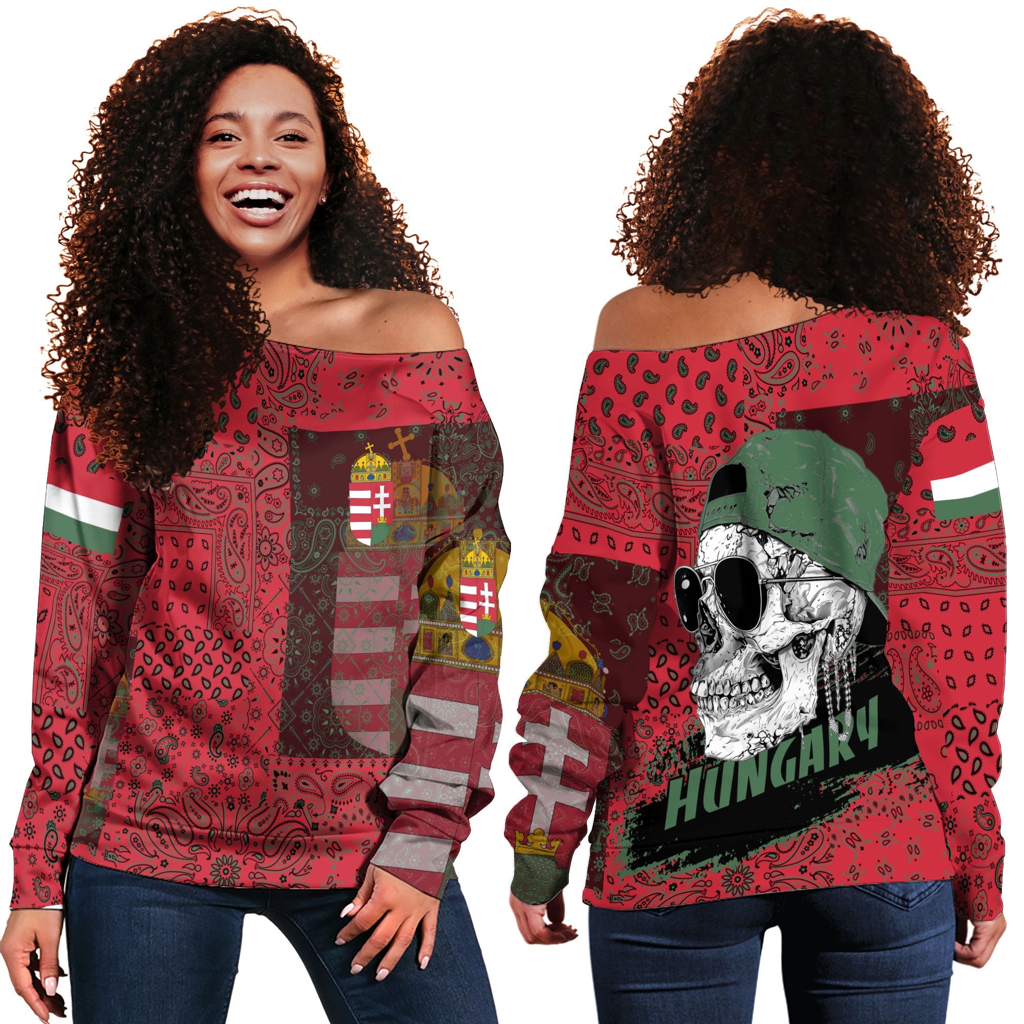 Hungary Women Off Shoulder Sweatshirt Paisley Flag And Skull Style 1