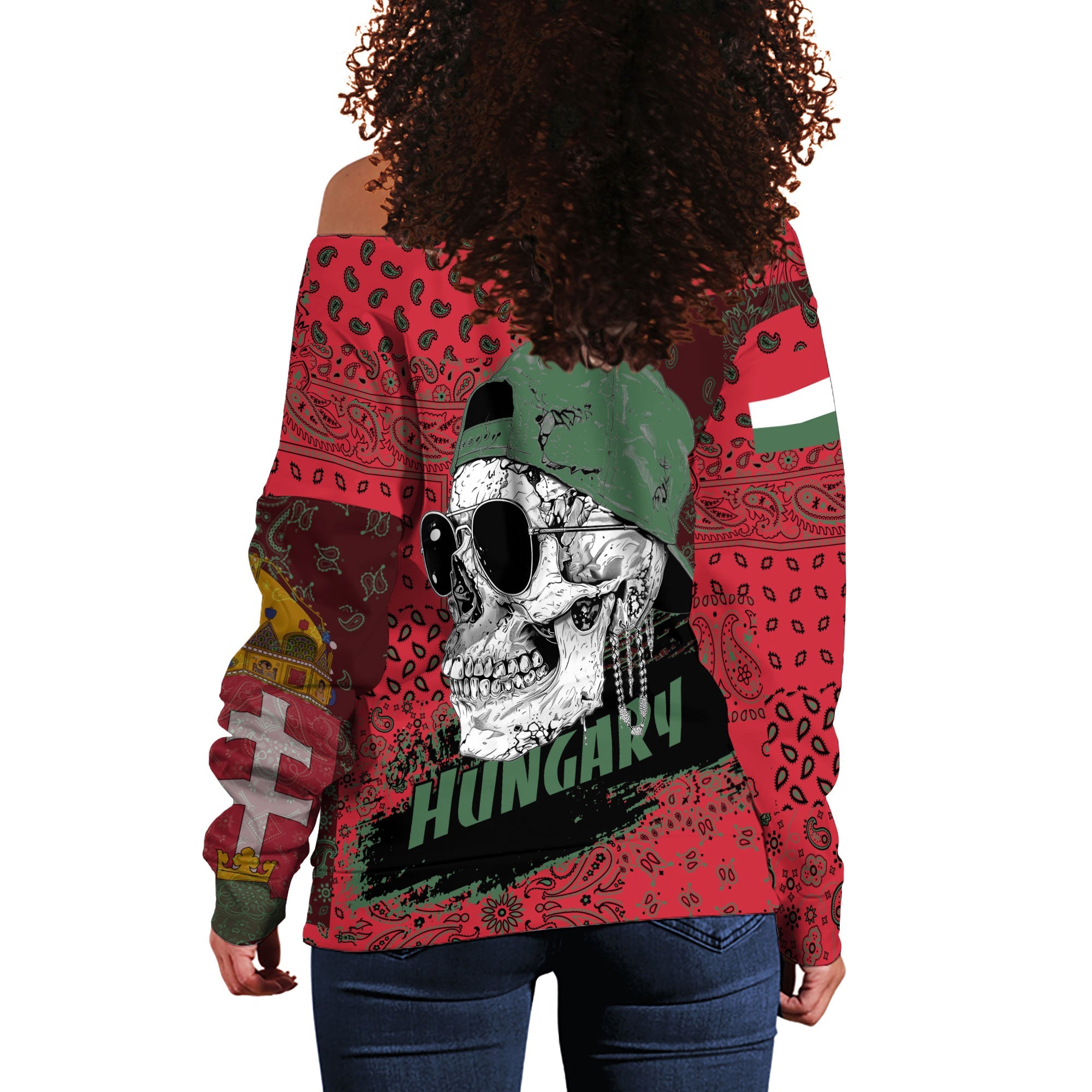 Hungary Women Off Shoulder Sweatshirt Paisley Flag And Skull Style 3