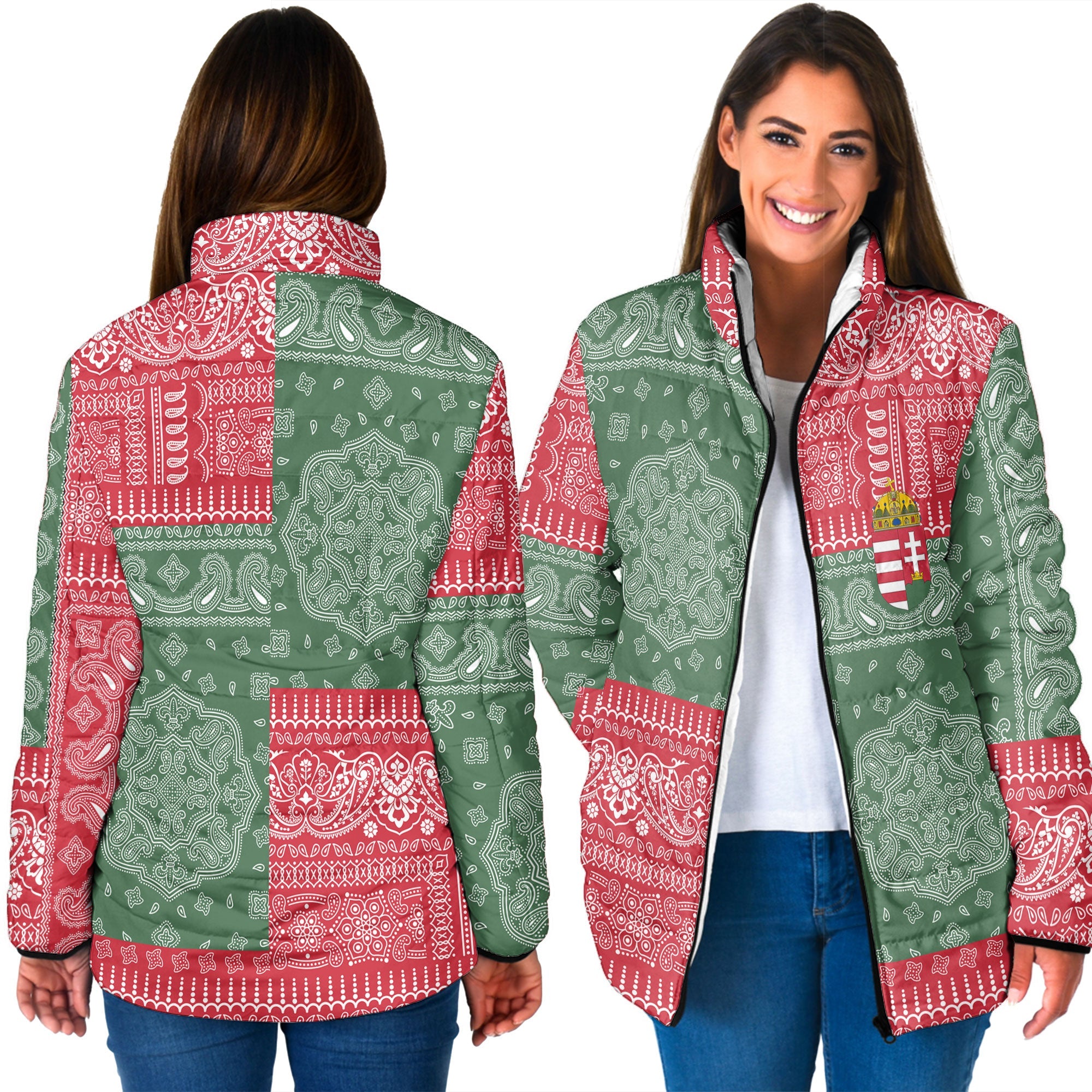 Hungary Women Padded Jacket Flag And Paisley Basic Style 3