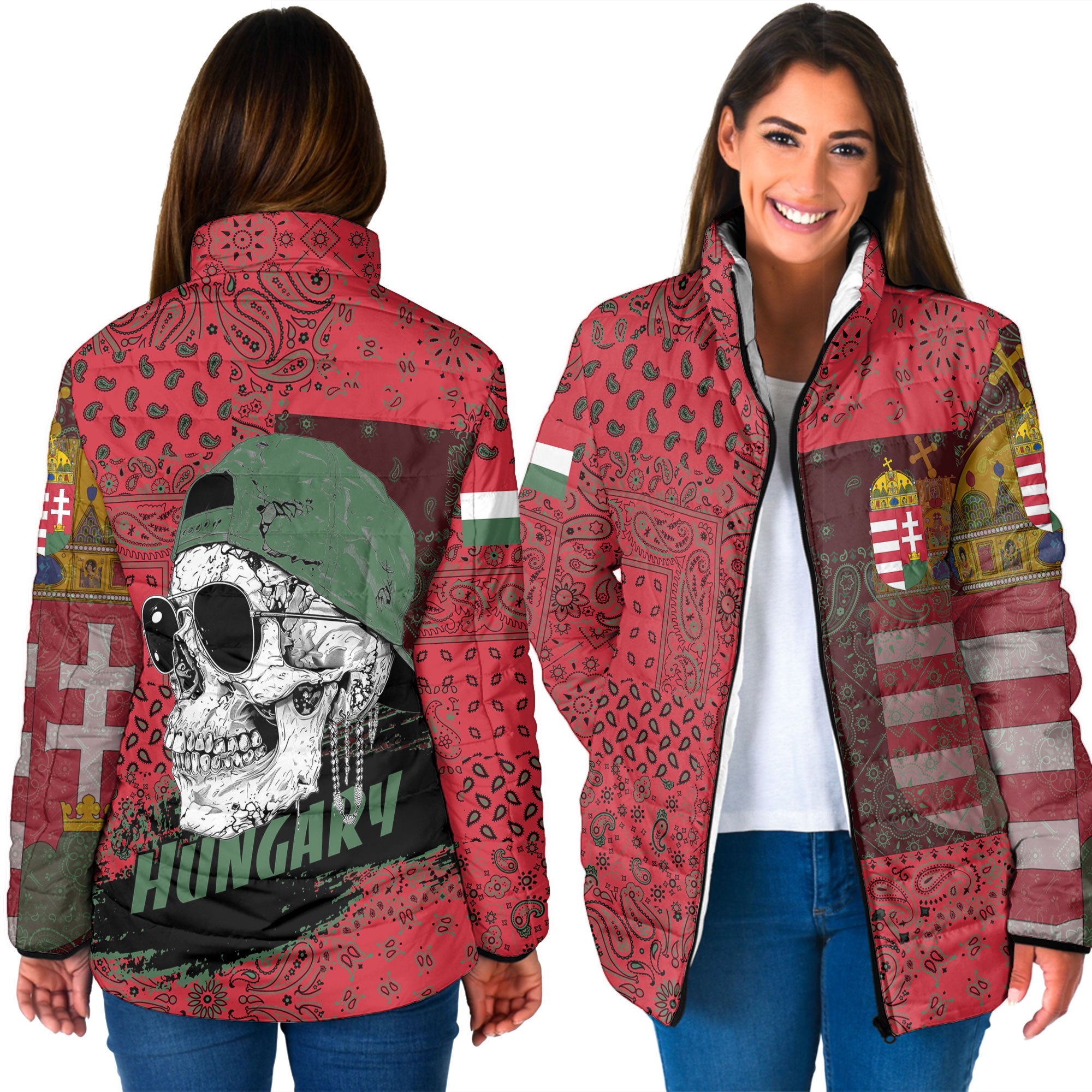 Hungary Women Padded Jacket Paisley Flag And Skull Style 3