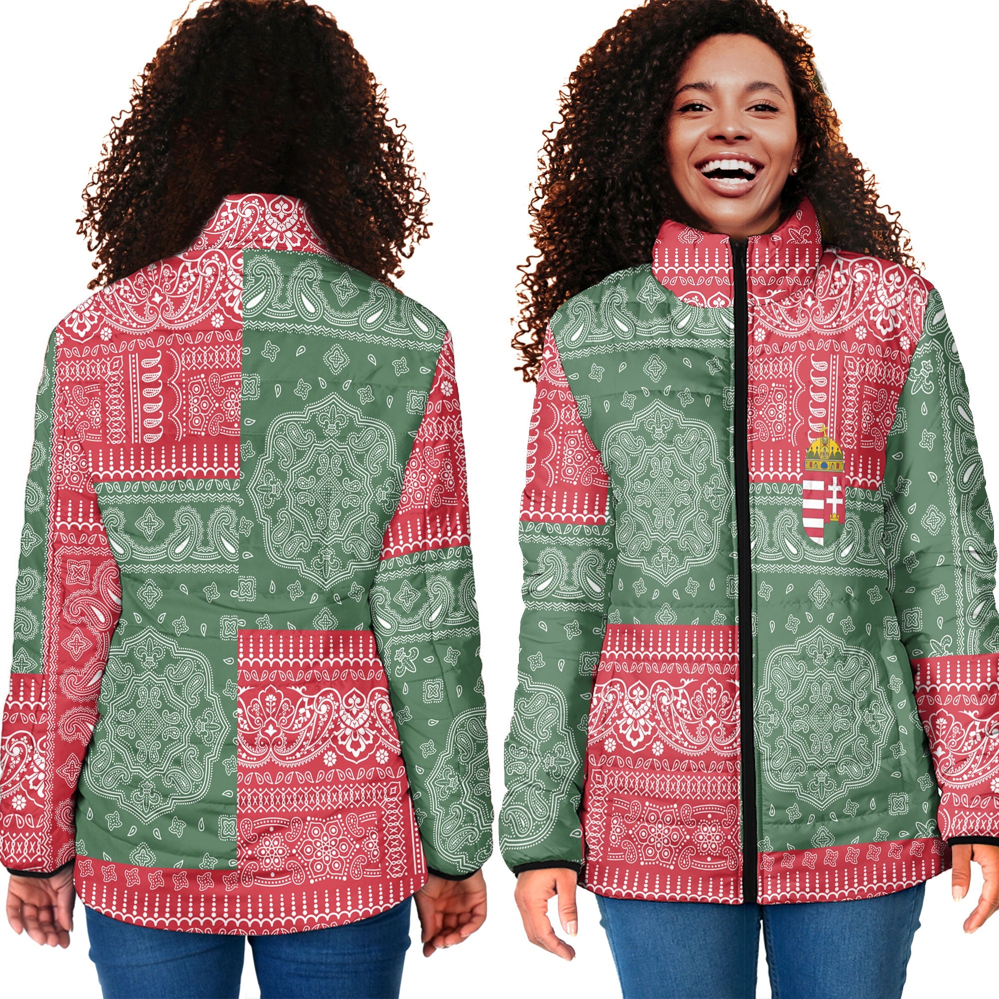 Hungary Women Padded Jacket Flag And Paisley Basic Style 4