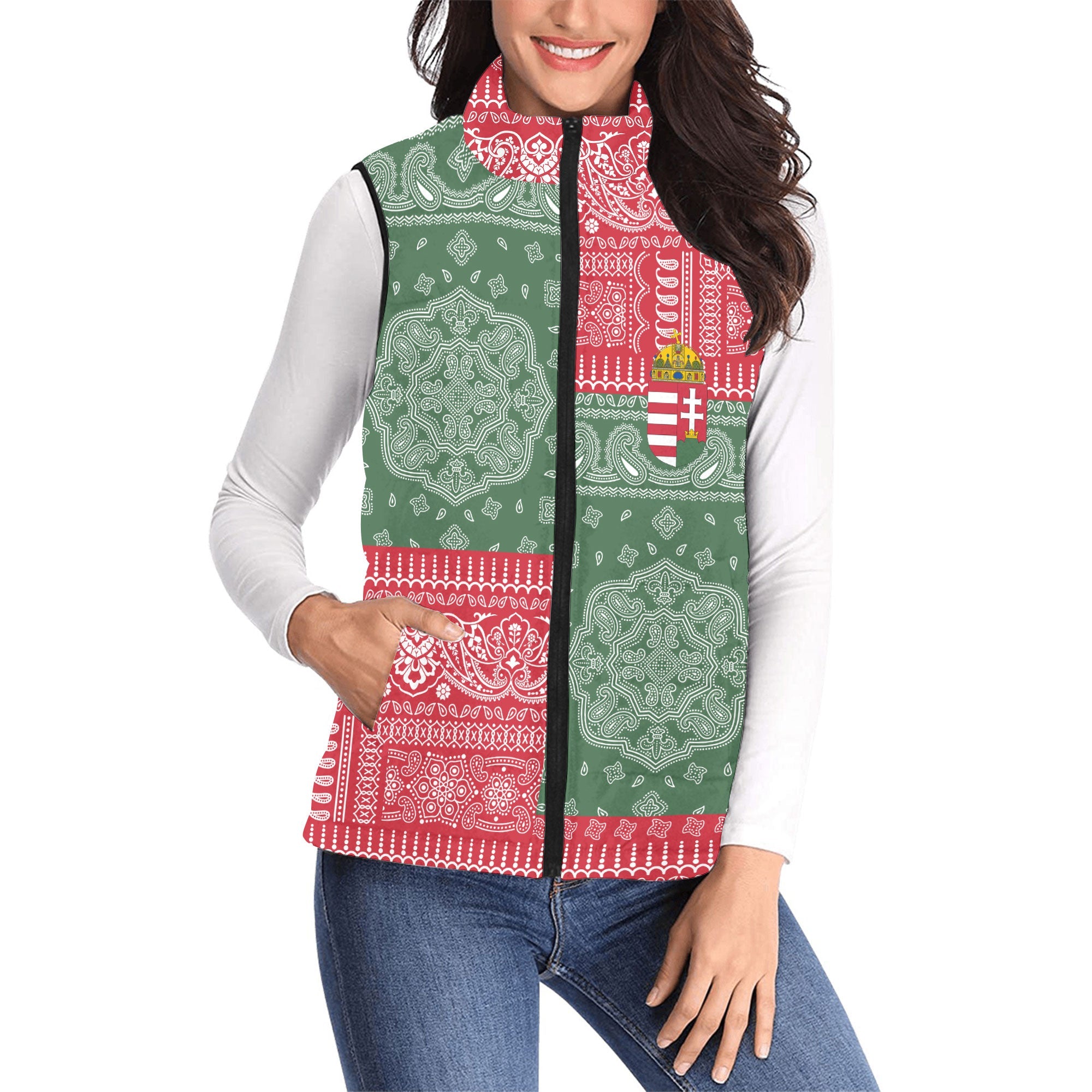 Hungary Women Padded Jacket Vest Flag And Paisley Basic Style 1