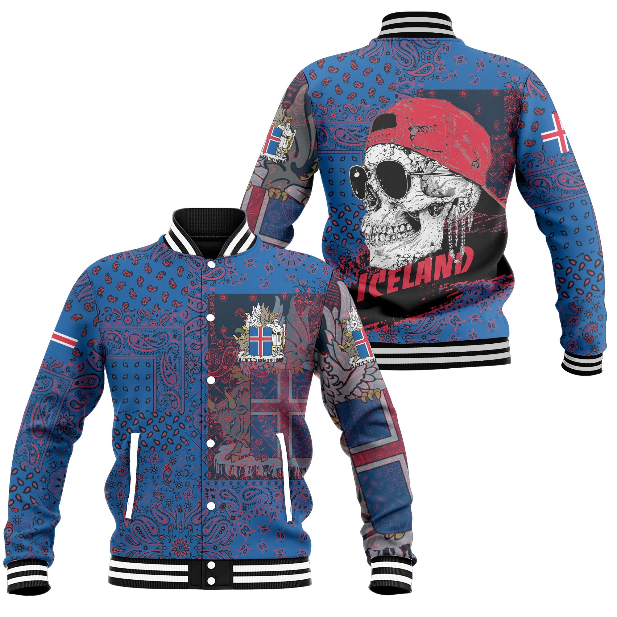 Iceland Baseball Jacket Paisley Flag And Skull Style 1