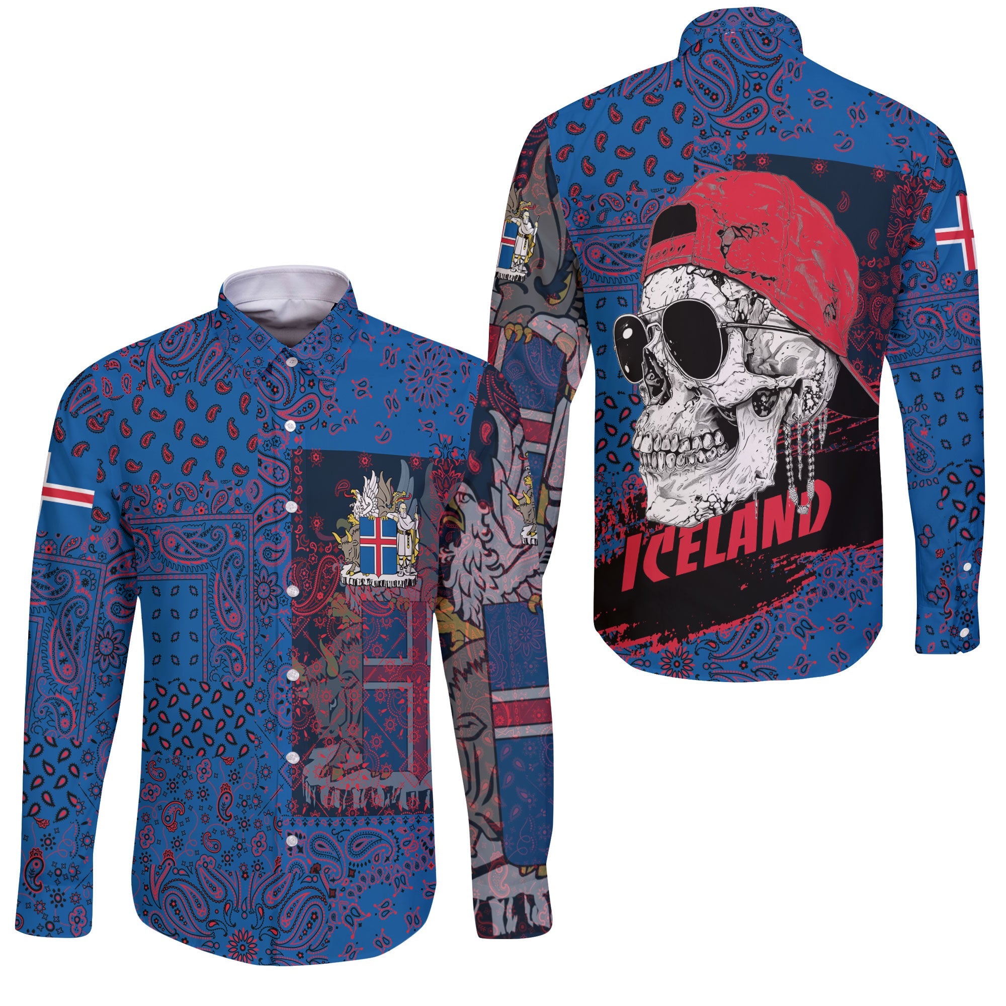 Iceland Long Sleeve Button Shirt Paisley Flag And Skull Style 3