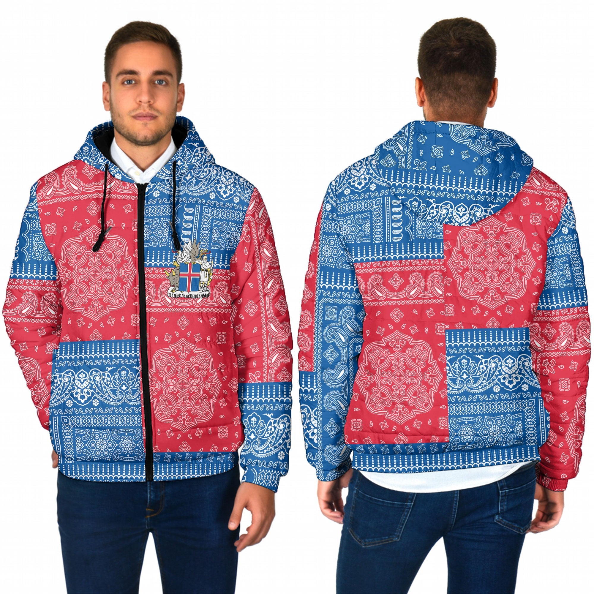 Iceland Men Hooded Padded Jacket Flag And Paisley Basic Style 1