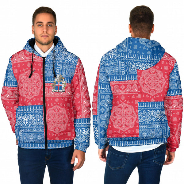 Iceland Men Hooded Padded Jacket Flag And Paisley Basic Style 1