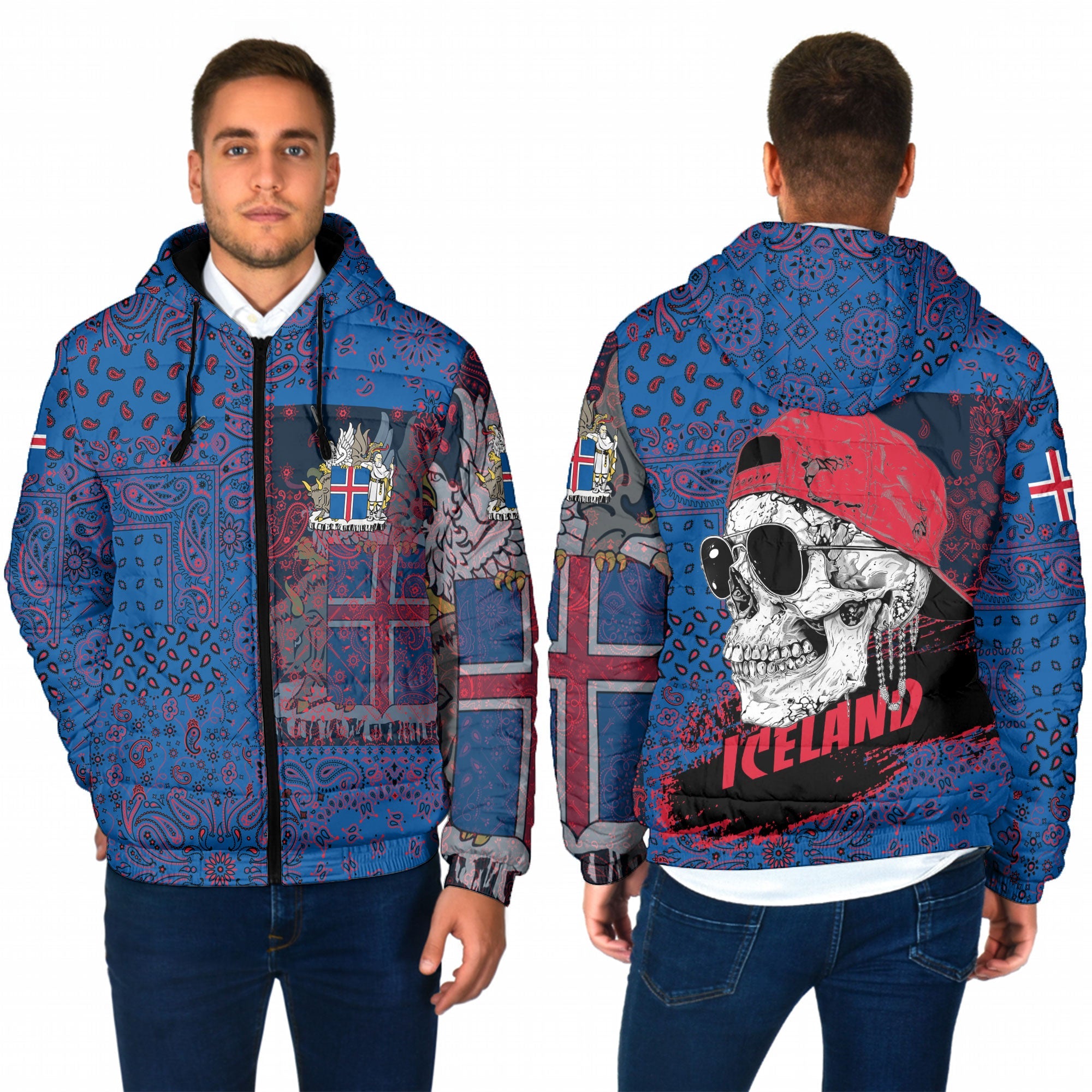 Iceland Men Hooded Padded Jacket Paisley Flag And Skull Style 1