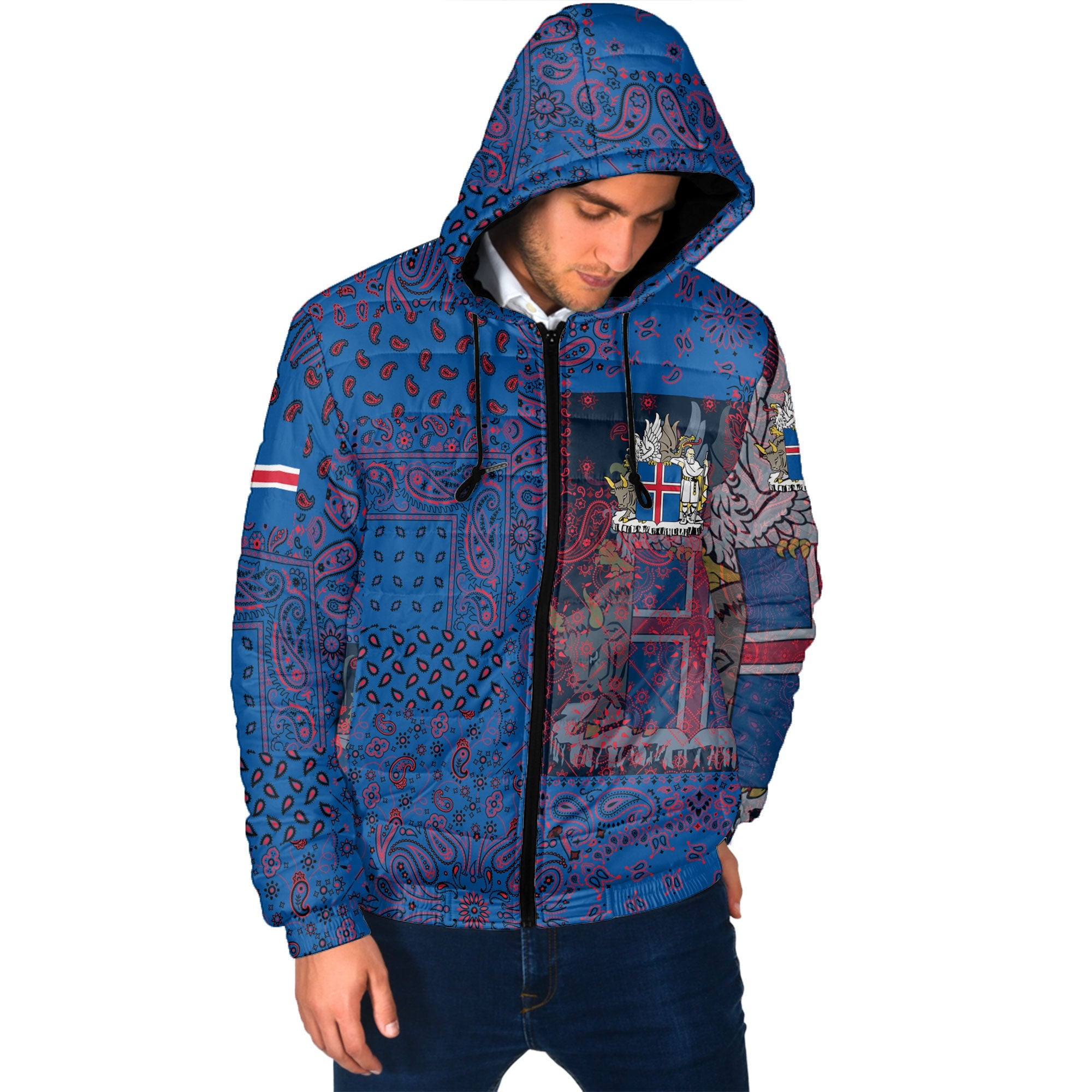 Iceland Men Hooded Padded Jacket Paisley Flag And Skull Style 2