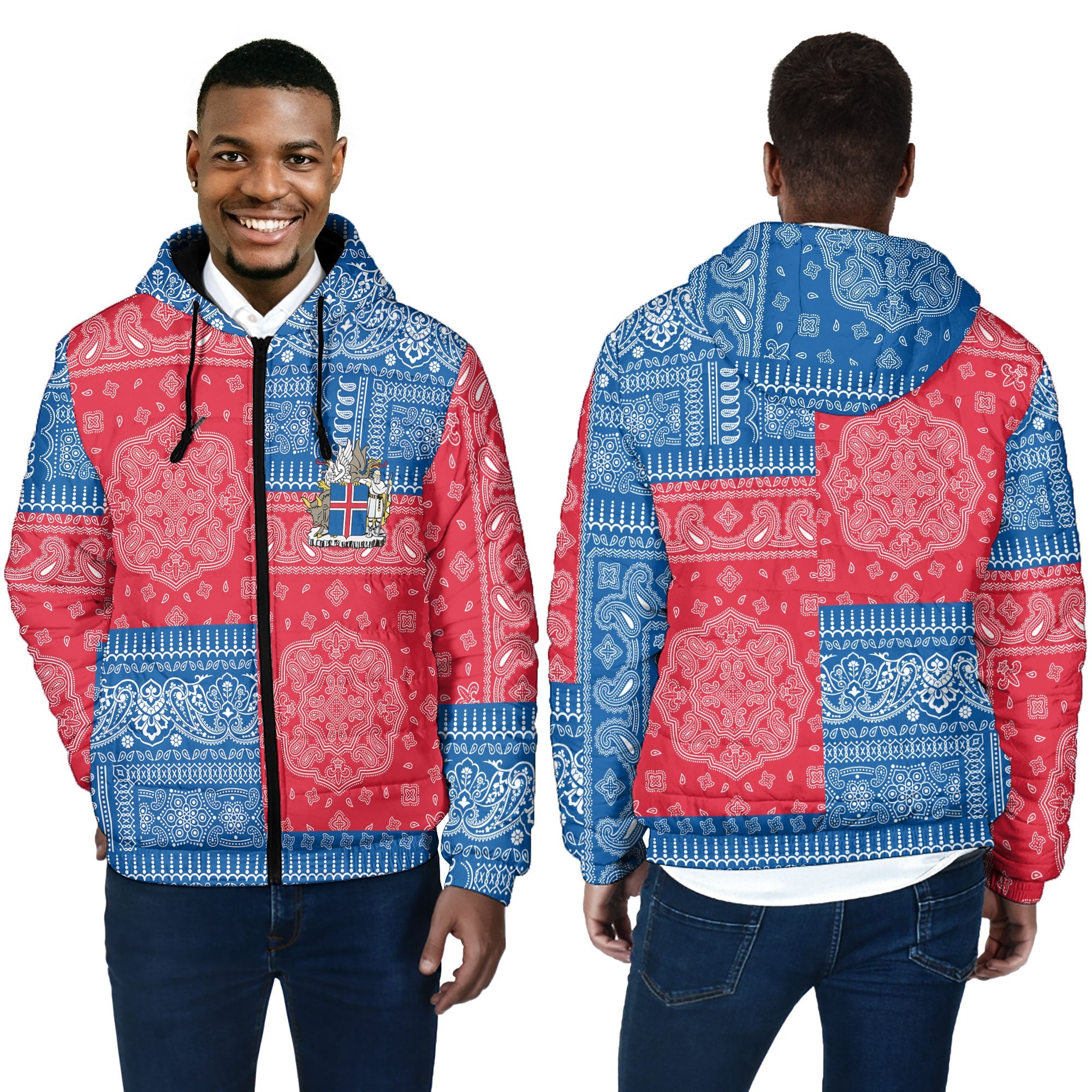 Iceland Men Hooded Padded Jacket Flag And Paisley Basic Style 4