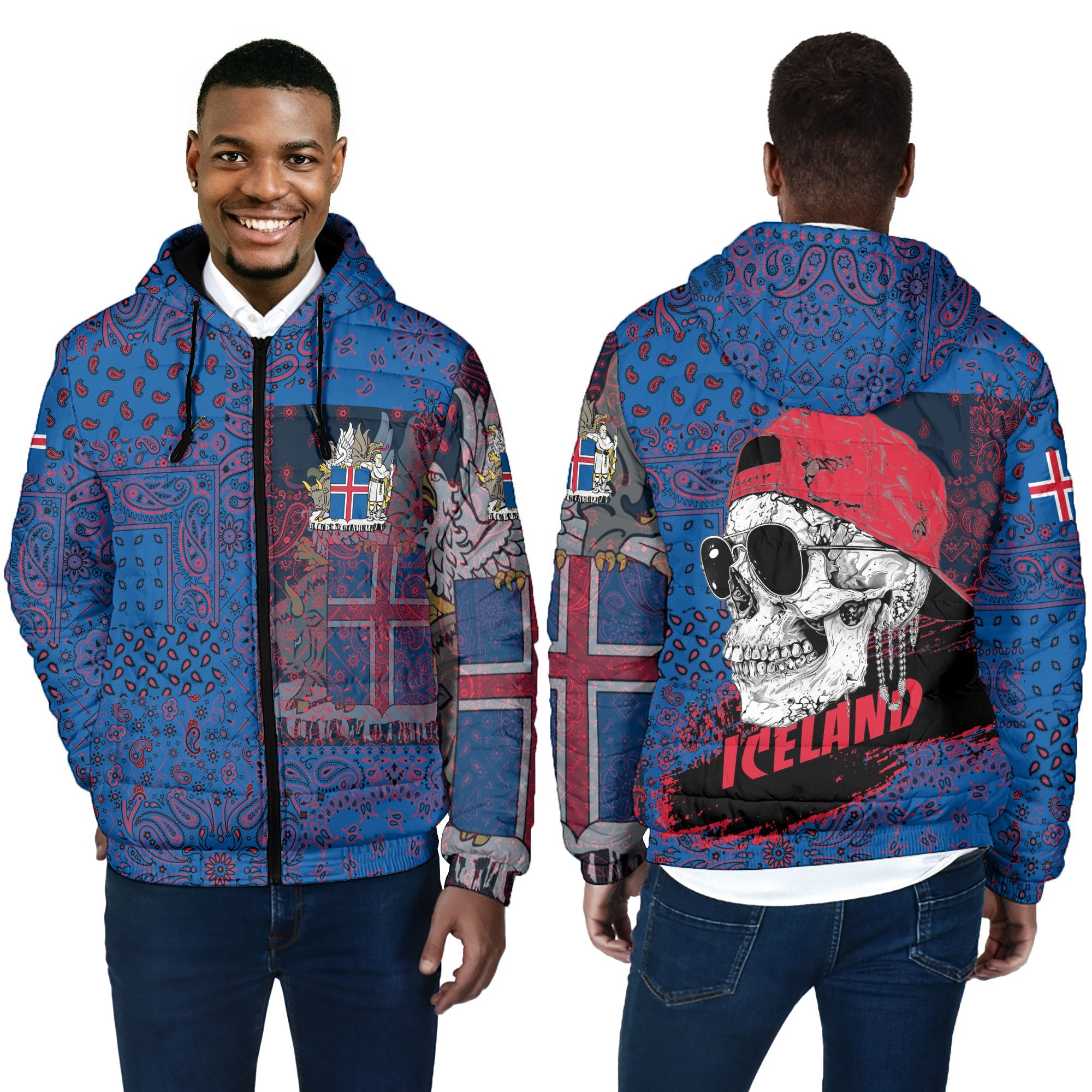 Iceland Men Hooded Padded Jacket Paisley Flag And Skull Style 4