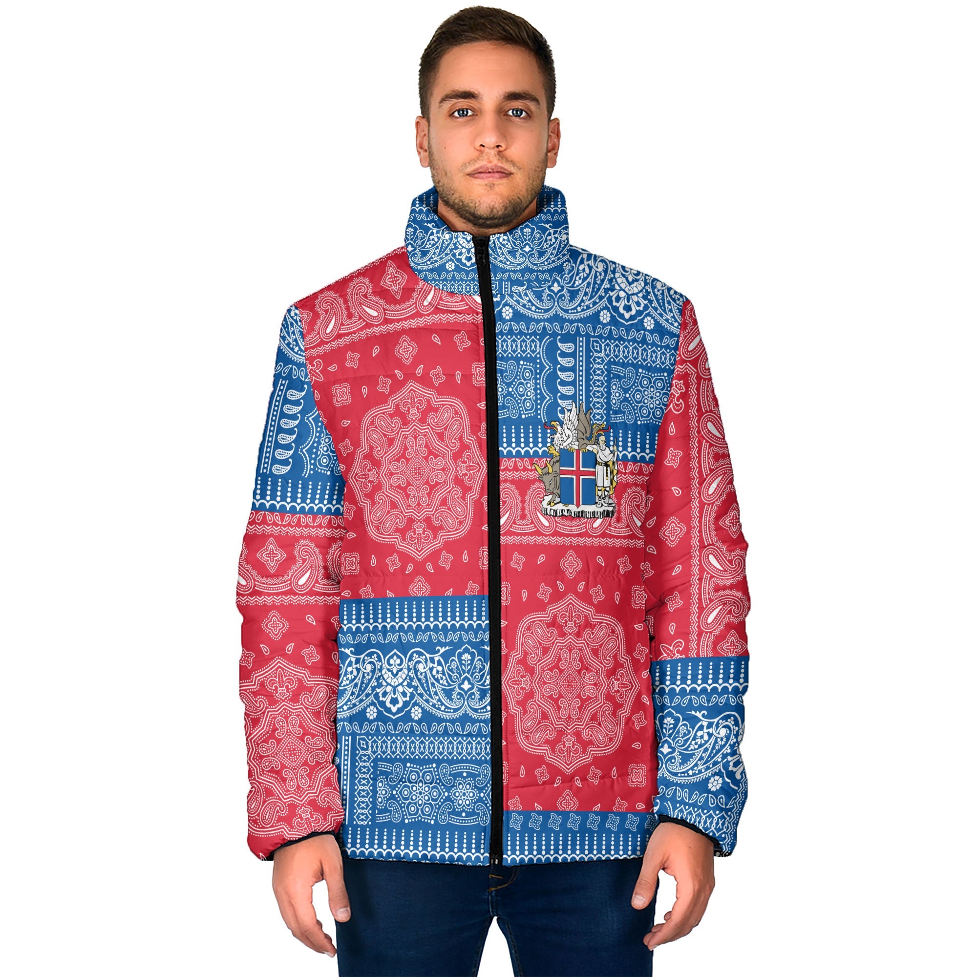 Iceland Men Padded Jacket Flag And Paisley Basic Style 1