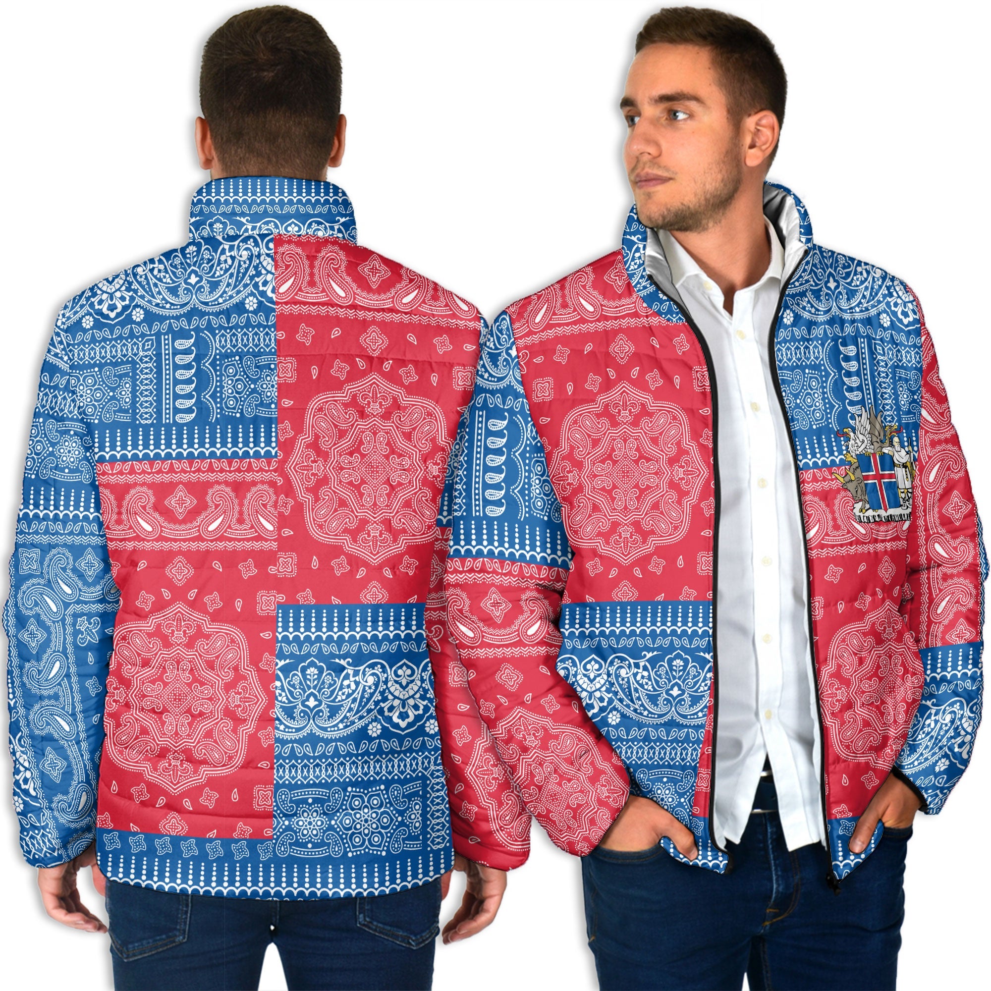 Iceland Men Padded Jacket Flag And Paisley Basic Style 4