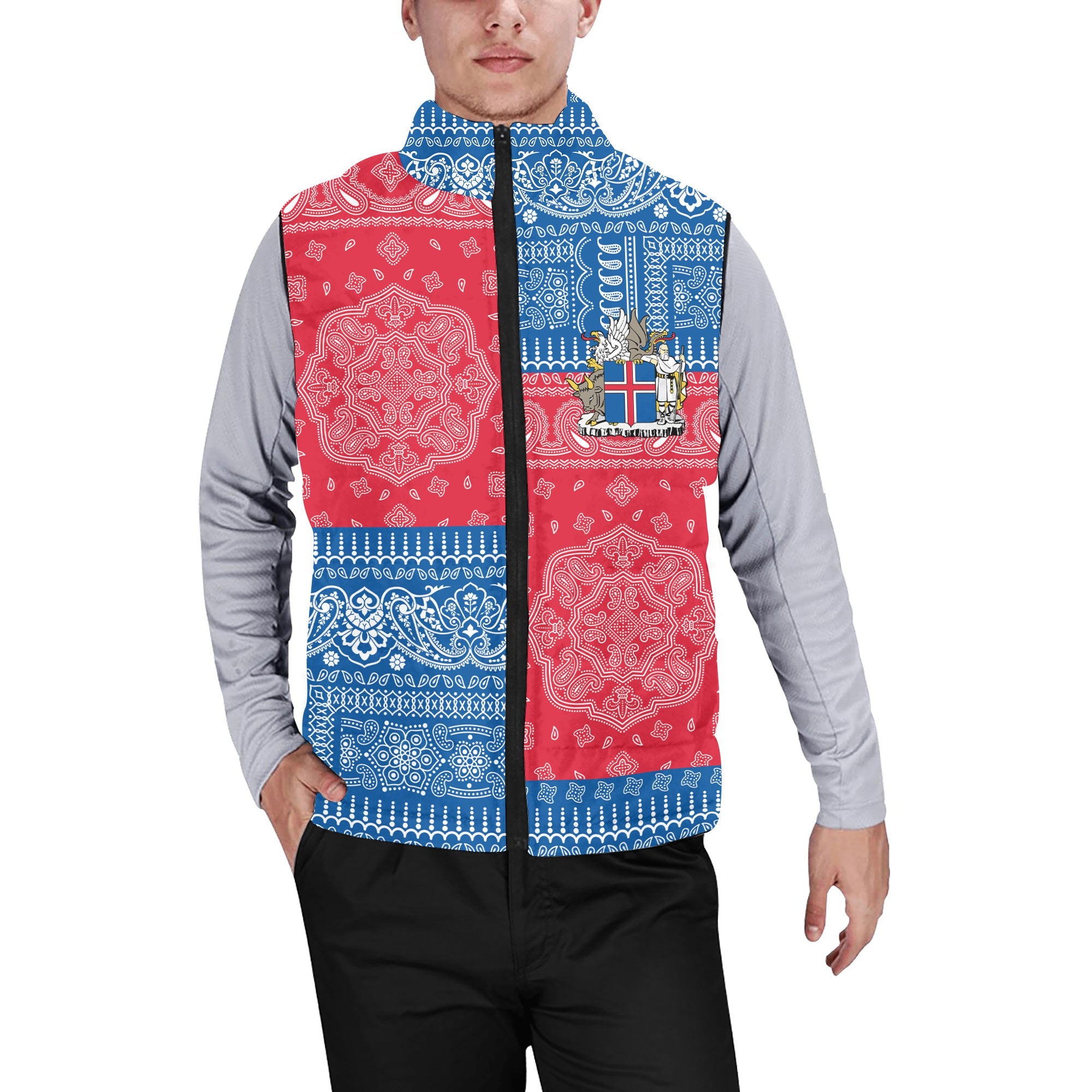 Iceland Men Padded Jacket Vest Flag And Paisley Basic Style 1