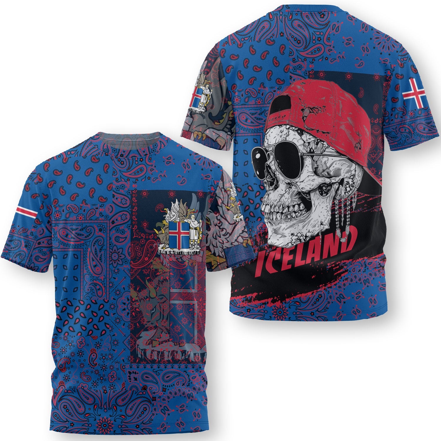 Iceland T Shirt Paisley Flag And Skull Style 3