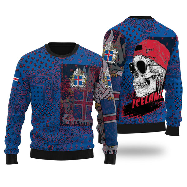 Iceland Ugly Sweater Paisley Flag And Skull Style 1