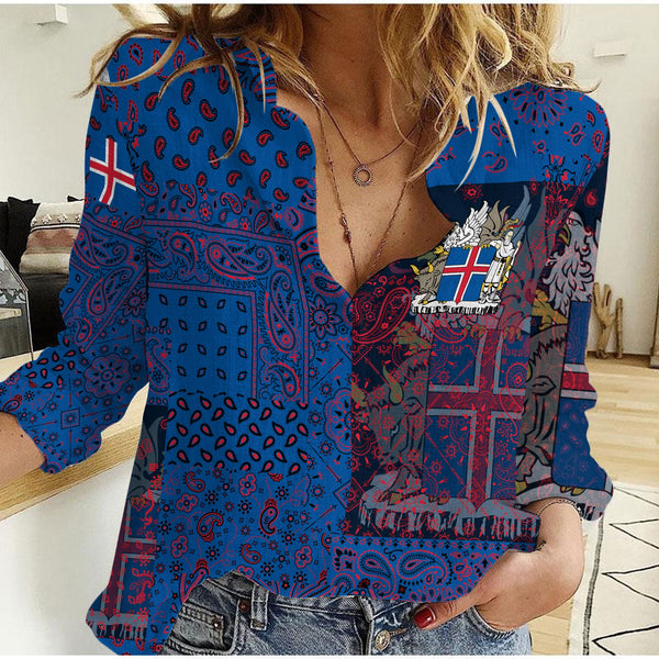 Iceland Women Casual Shirt Paisley Flag And Skull Style 1