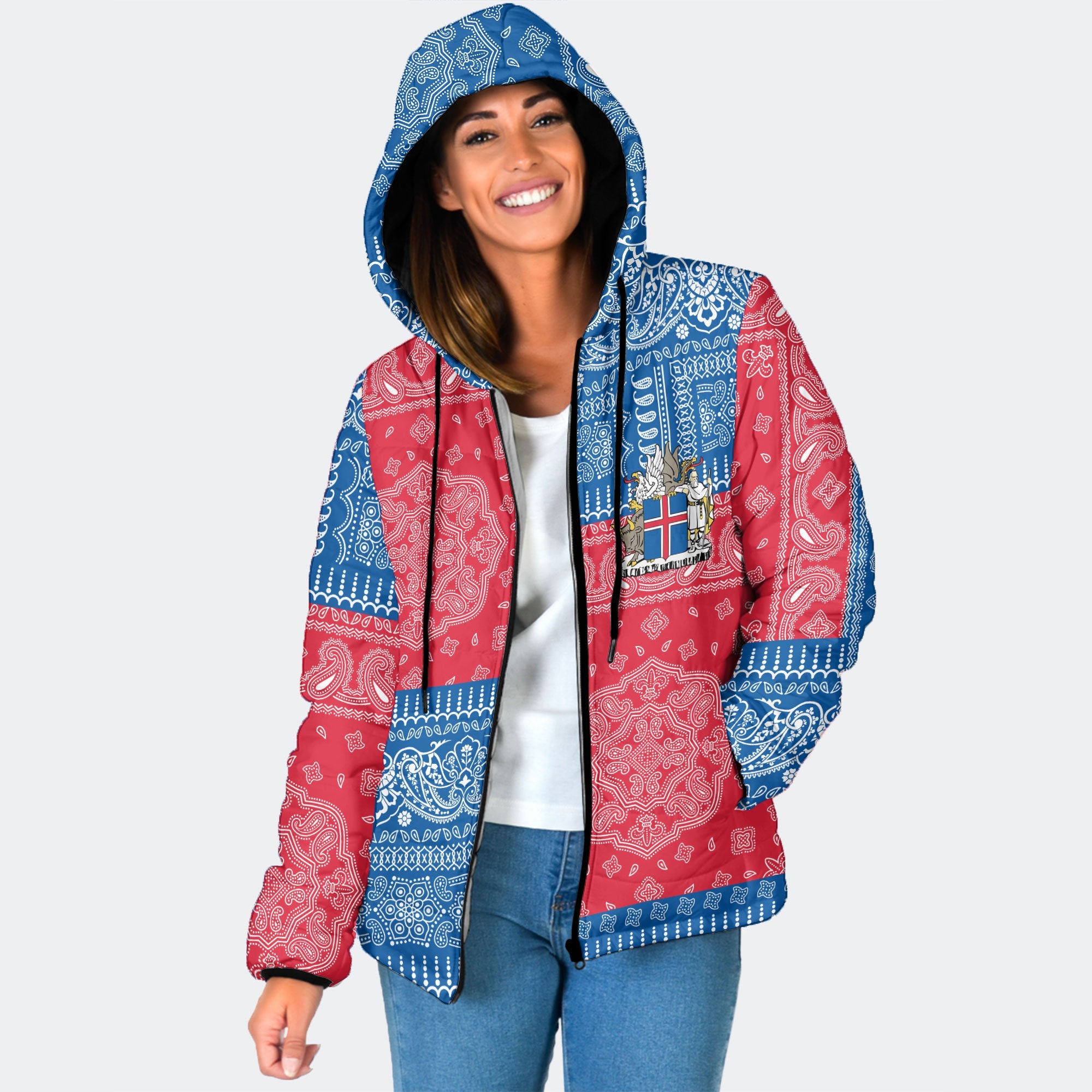 Iceland Women Hooded Padded Jacket Flag And Paisley Basic Style 1