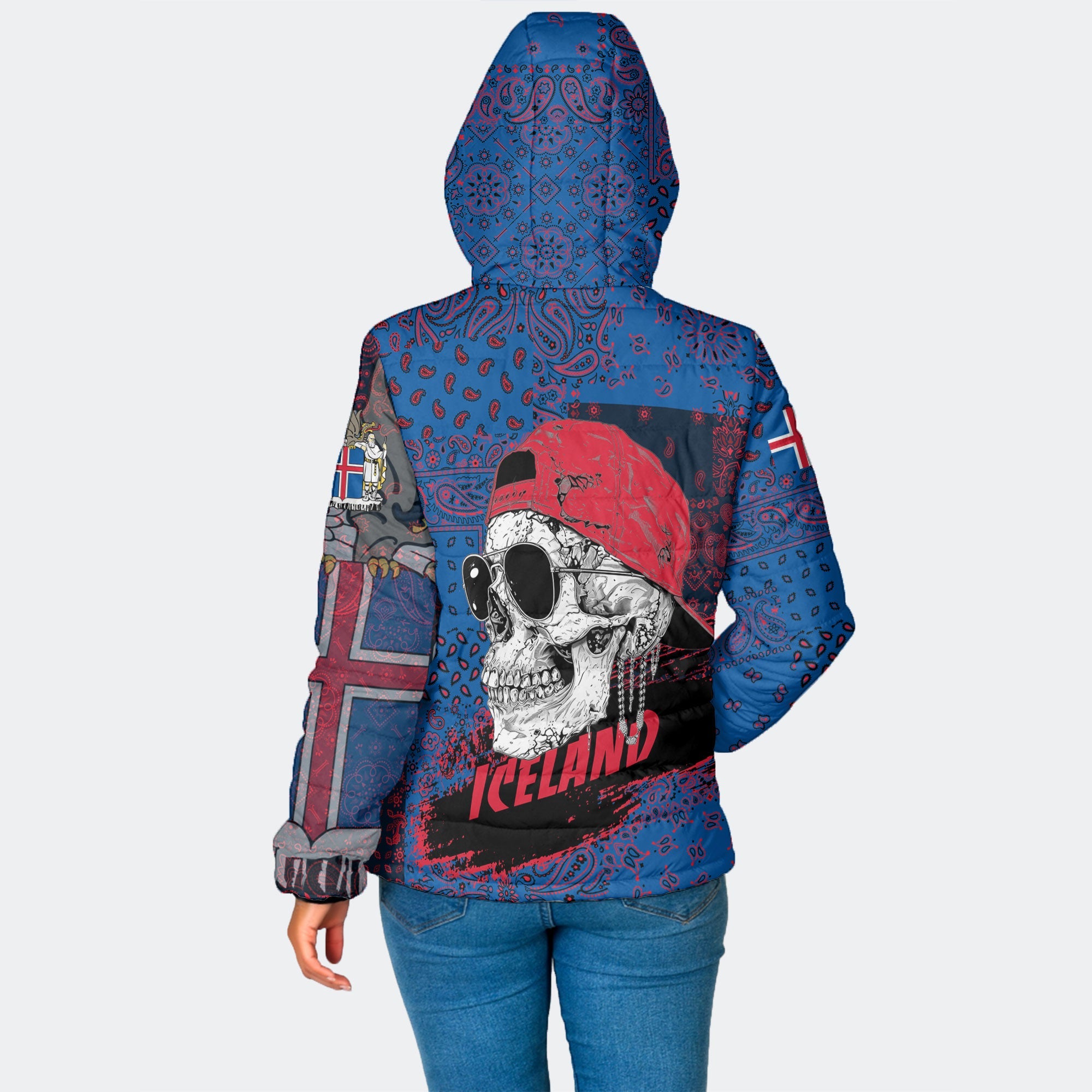 Iceland Women Hooded Padded Jacket Paisley Flag And Skull Style 2