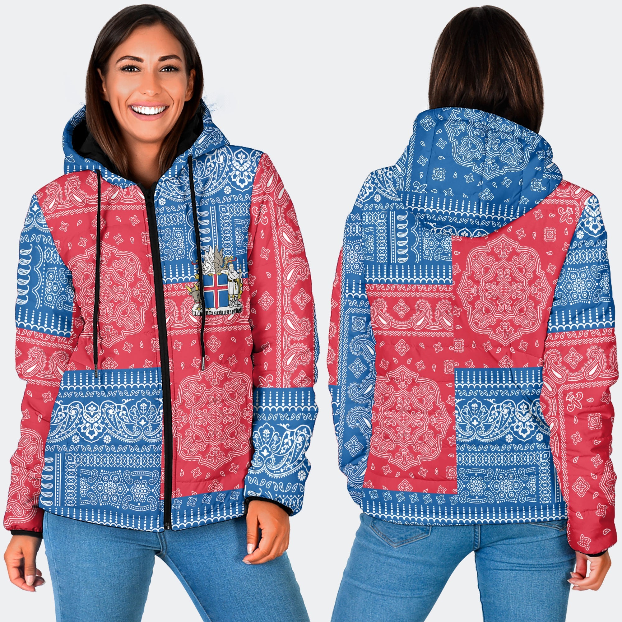 Iceland Women Hooded Padded Jacket Flag And Paisley Basic Style 3