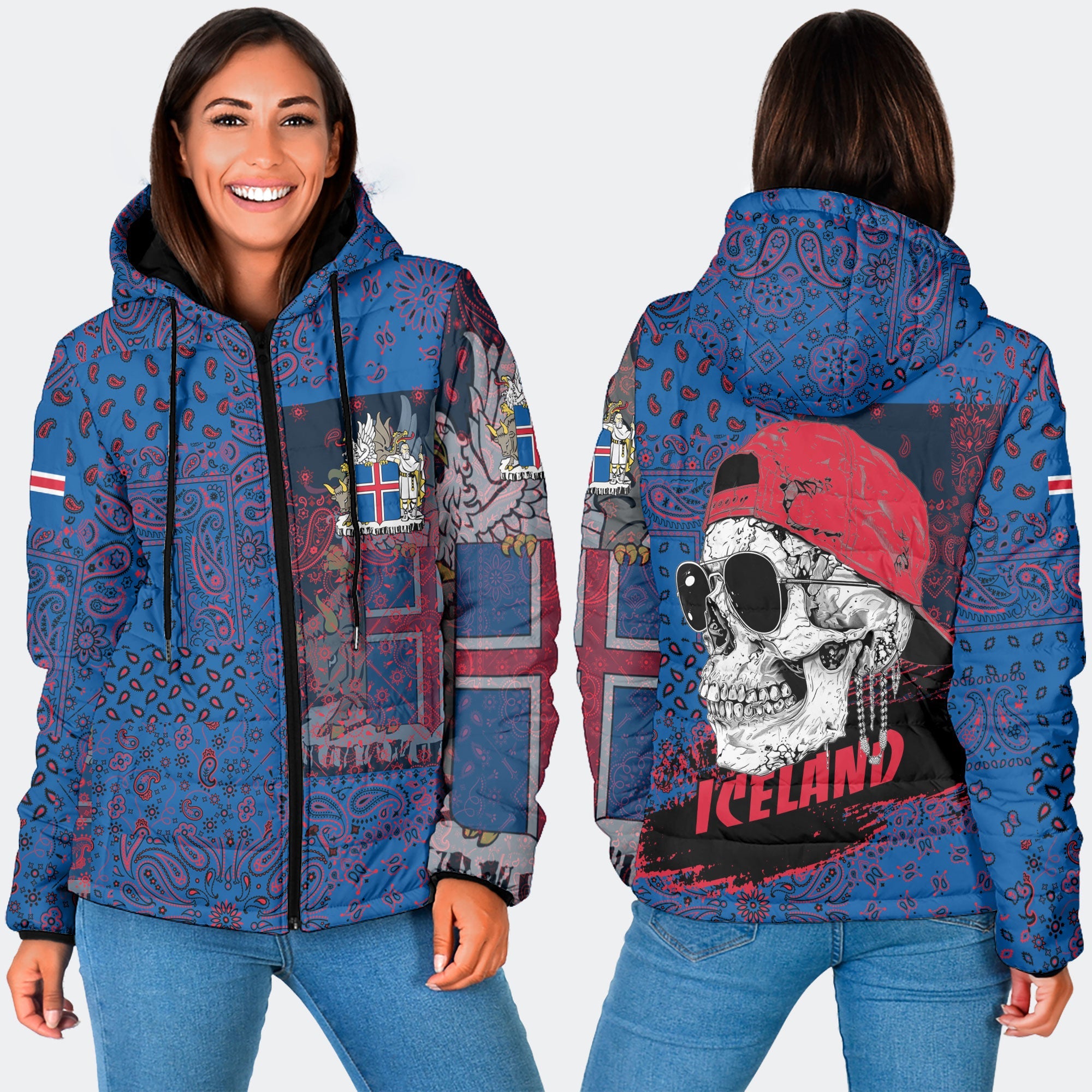 Iceland Women Hooded Padded Jacket Paisley Flag And Skull Style 3