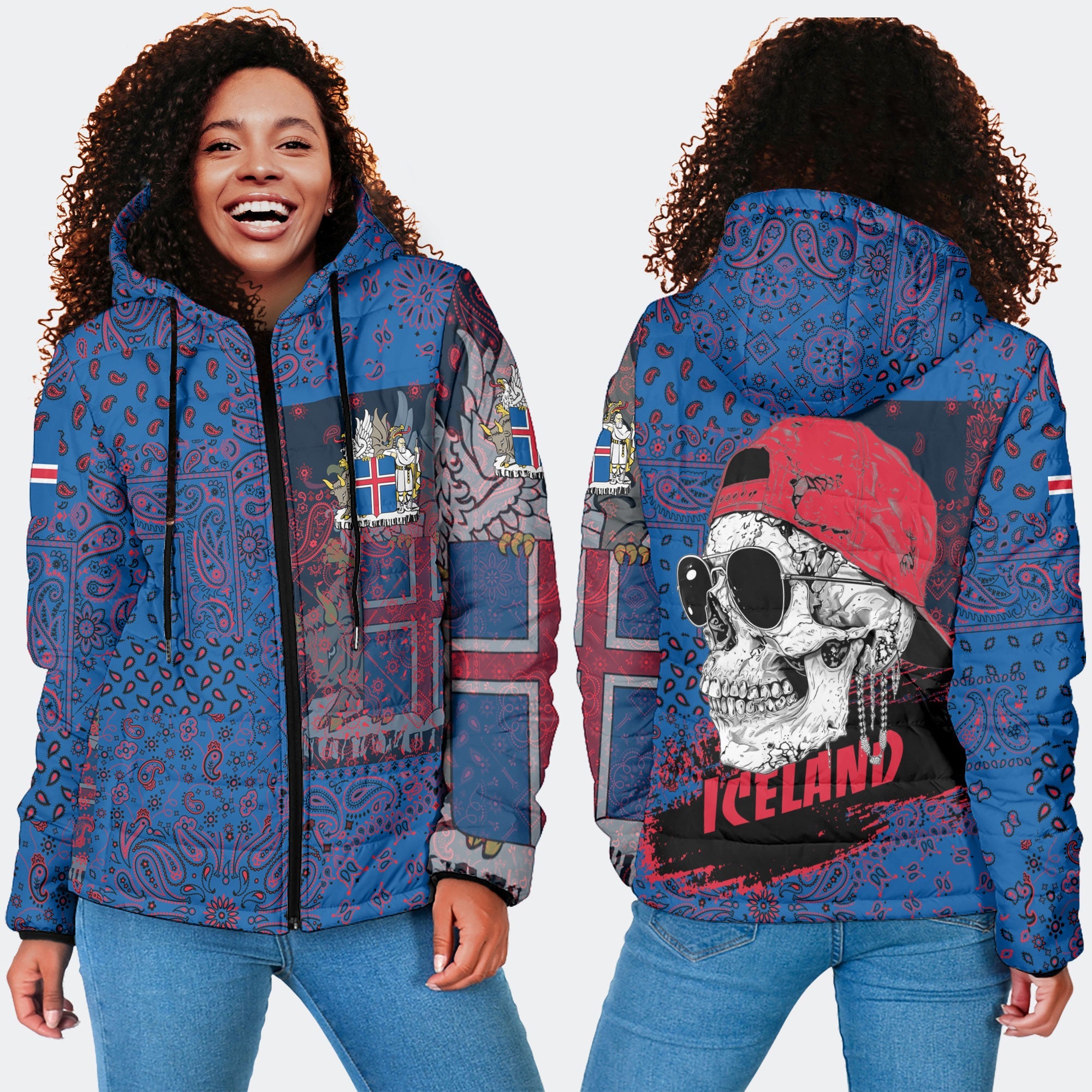 Iceland Women Hooded Padded Jacket Paisley Flag And Skull Style 4